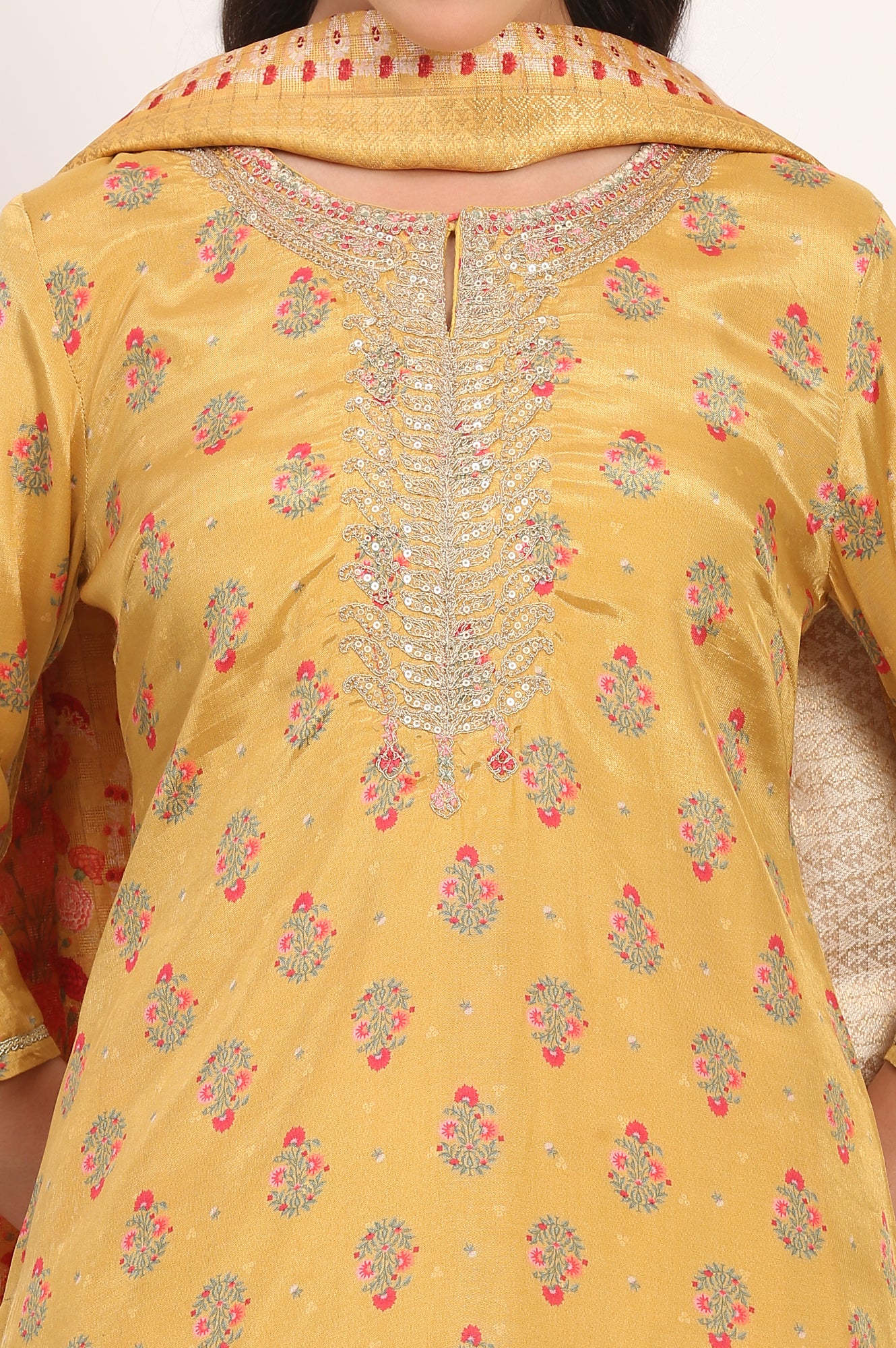 Yellow Embroidered Straight Shantung Kurta with Sharara and Dupatta Set