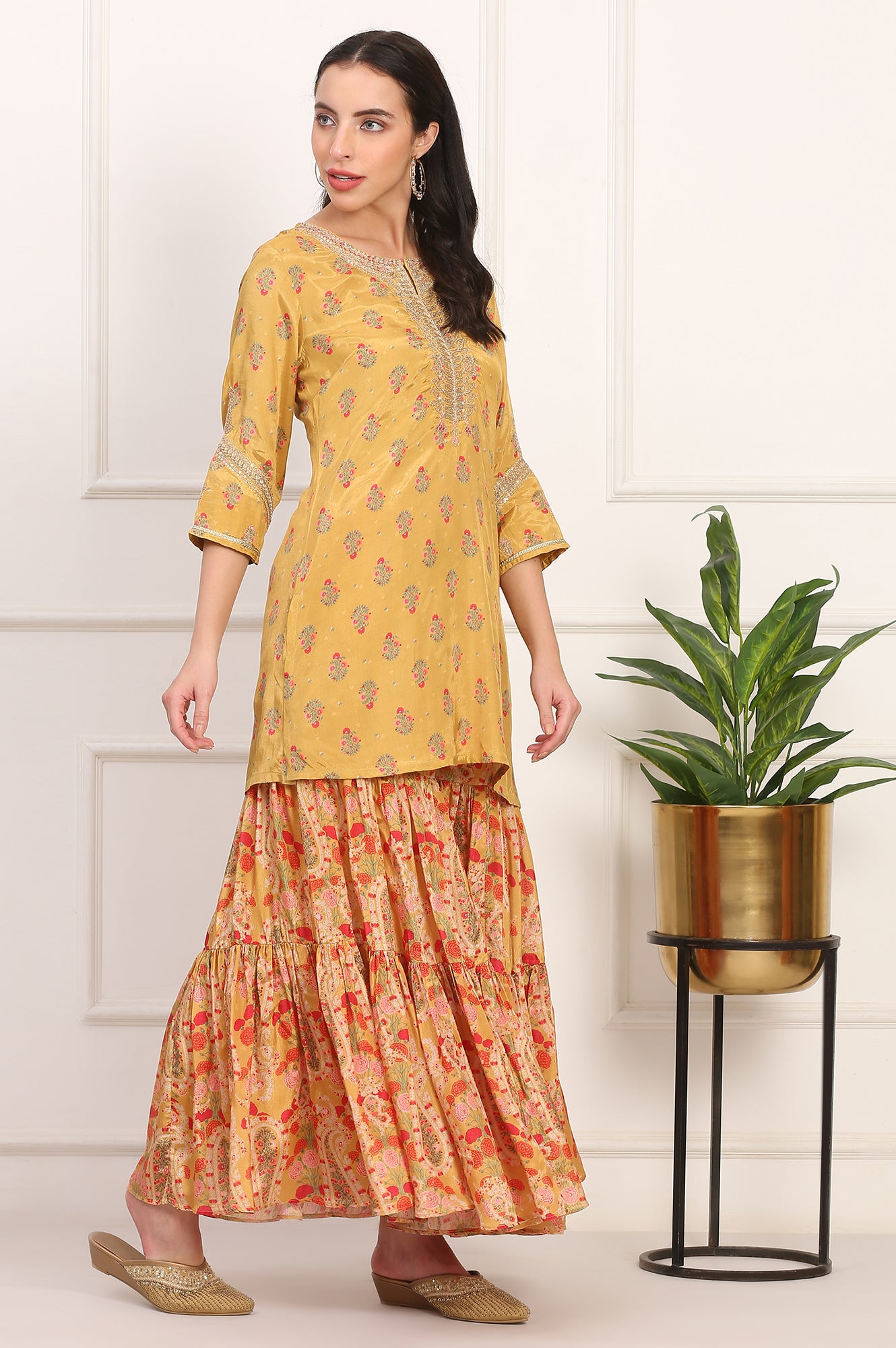Yellow Floral Printed Metallic Embroidery Flared Kurta, Sharara and Dupatta Set