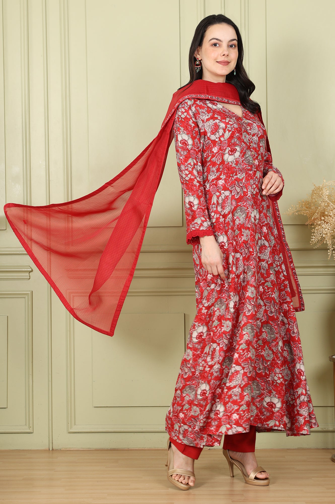 Red Floral Printed Flared Anarkali Kurta, Straight Pants And Dupatta Set - wforwoman