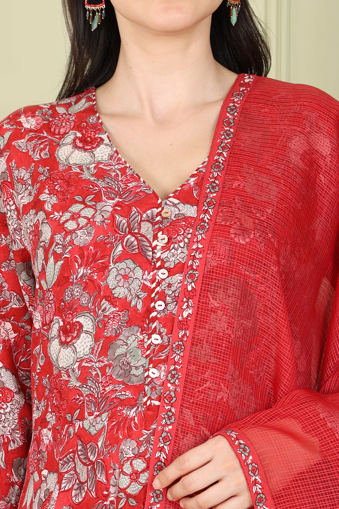 Red Floral Printed Flared Anarkali Kurta, Straight Pants And Dupatta Set - wforwoman