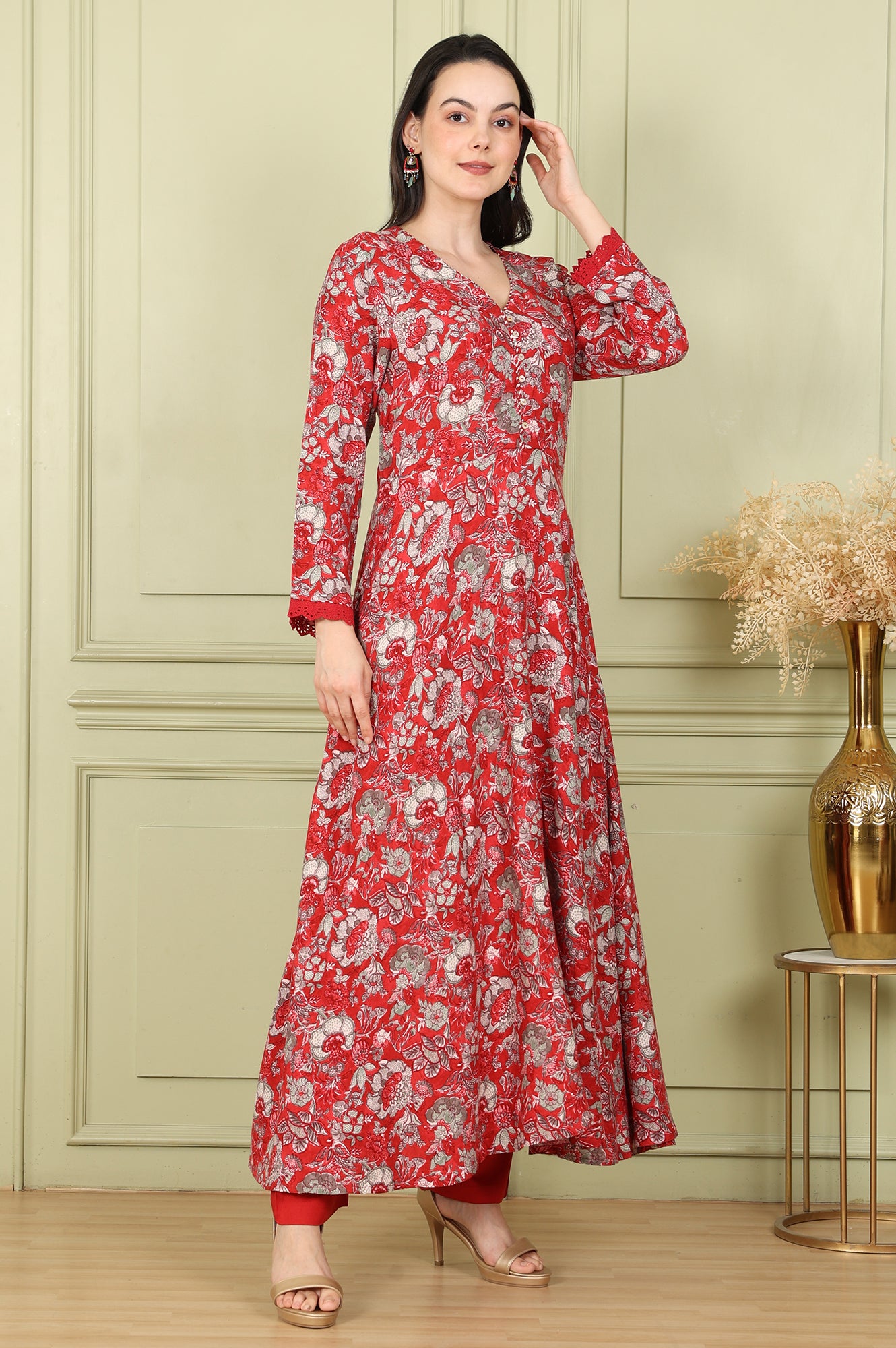 Red Floral Printed Flared Anarkali Kurta, Straight Pants And Dupatta Set - wforwoman