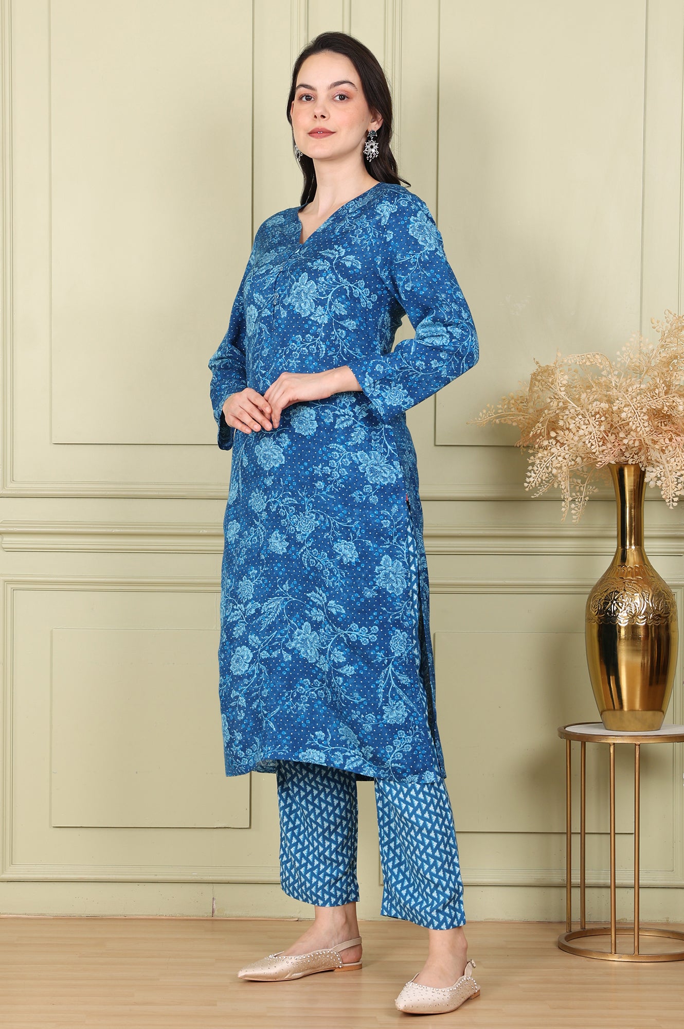 Ink Blue V-Neck Rayon Flax Straight Kurta, Printed Straight Pants Set With Dupatta - wforwoman