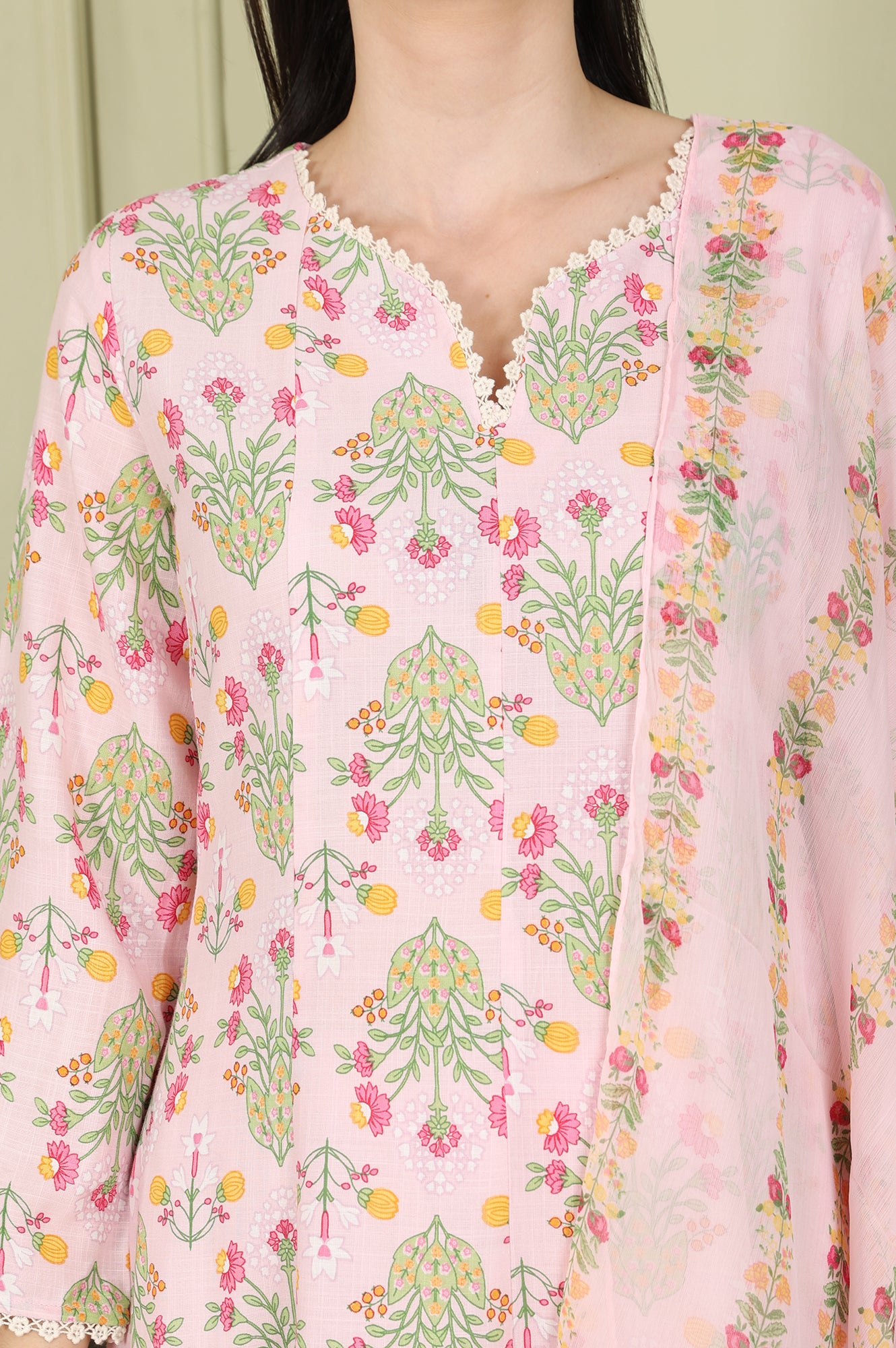 Pastel Pink Floral Printed A-Line Kurta, Pants And Dupatta Set - wforwoman