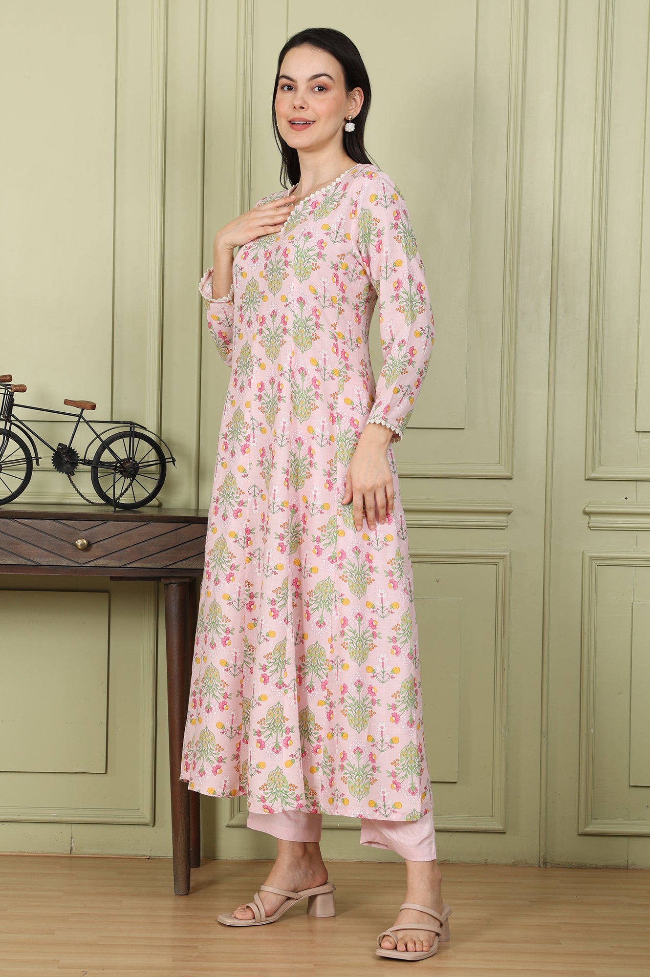Pastel Pink Floral Printed A-Line Kurta, Pants And Dupatta Set - wforwoman