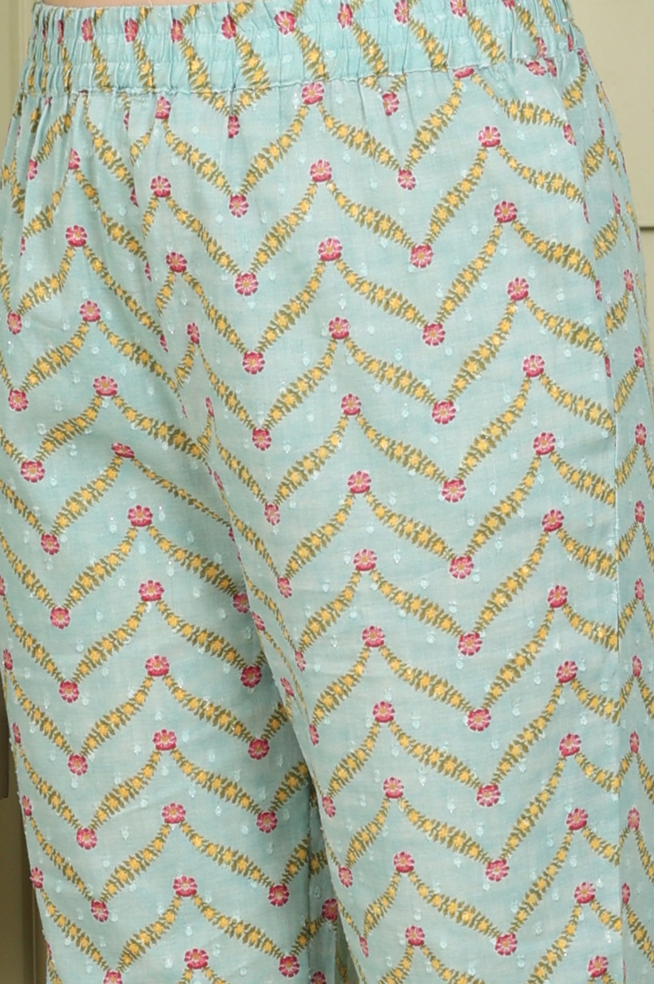 Sea Green Floral Printed Pure Cotton Straight Kurta, Pants And Dupatta Set