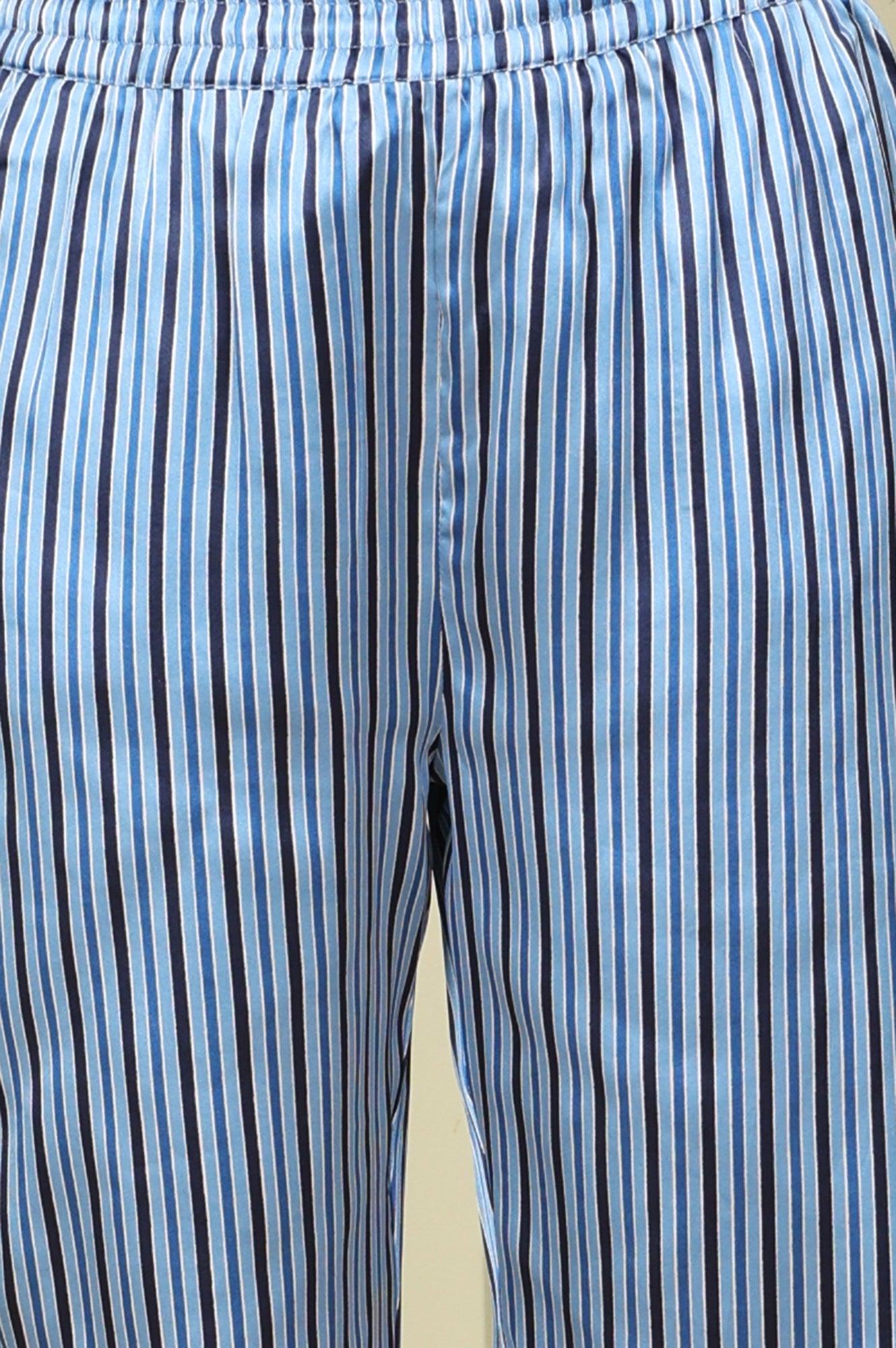 Blue Floral Printed With Thread Work Japenese Satin Kurta And Pants Set