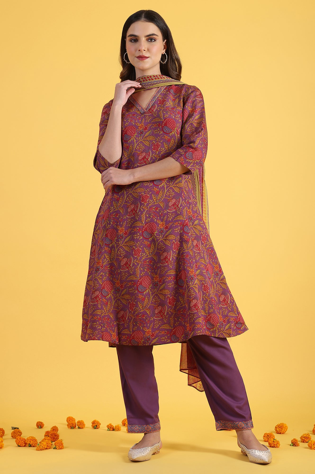 Purple Printed Flarred A-Line Kurta & Straight pant with Dupatta Set