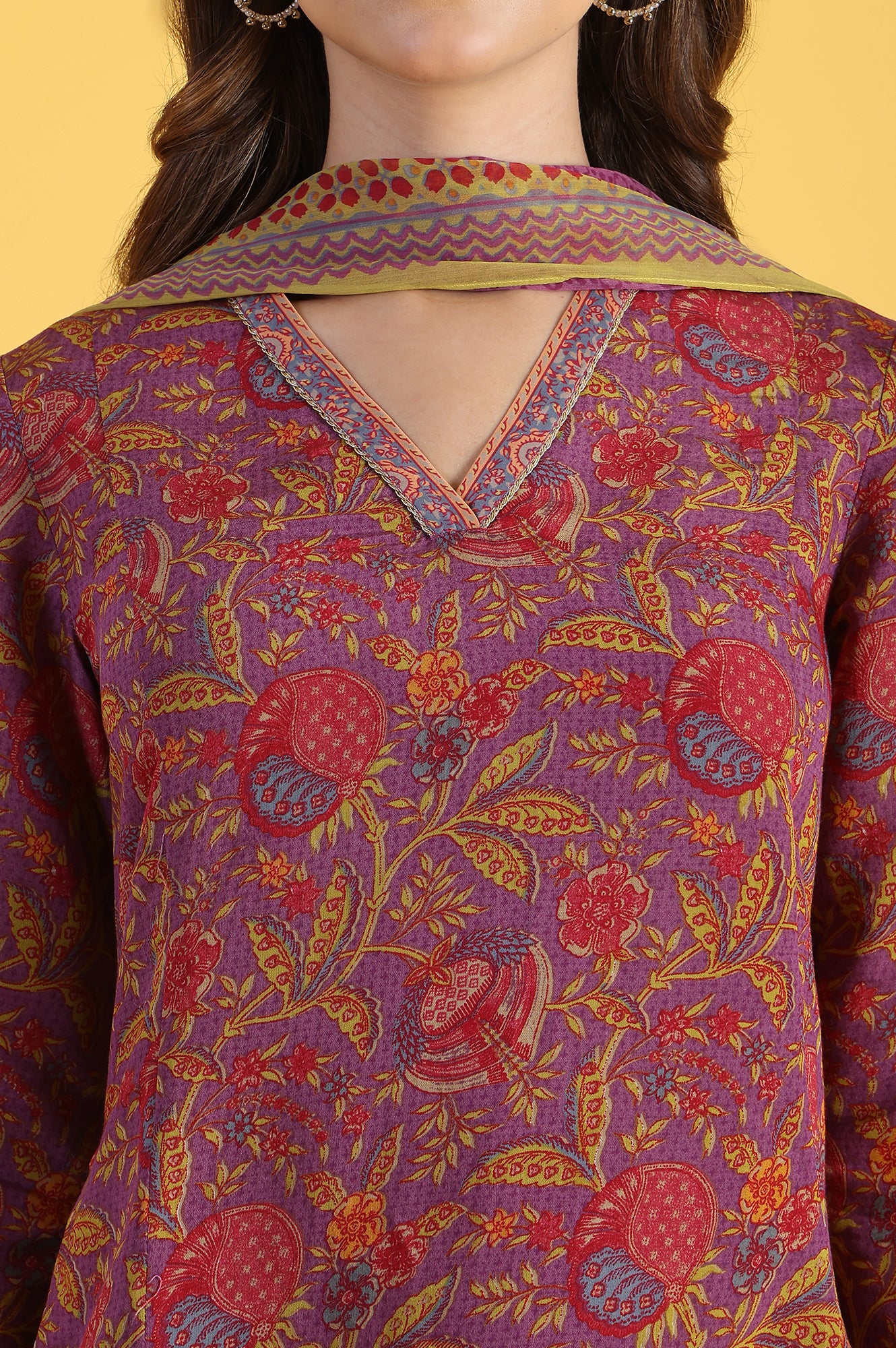 Purple Printed Flarred A-Line Kurta & Straight pant with Dupatta Set