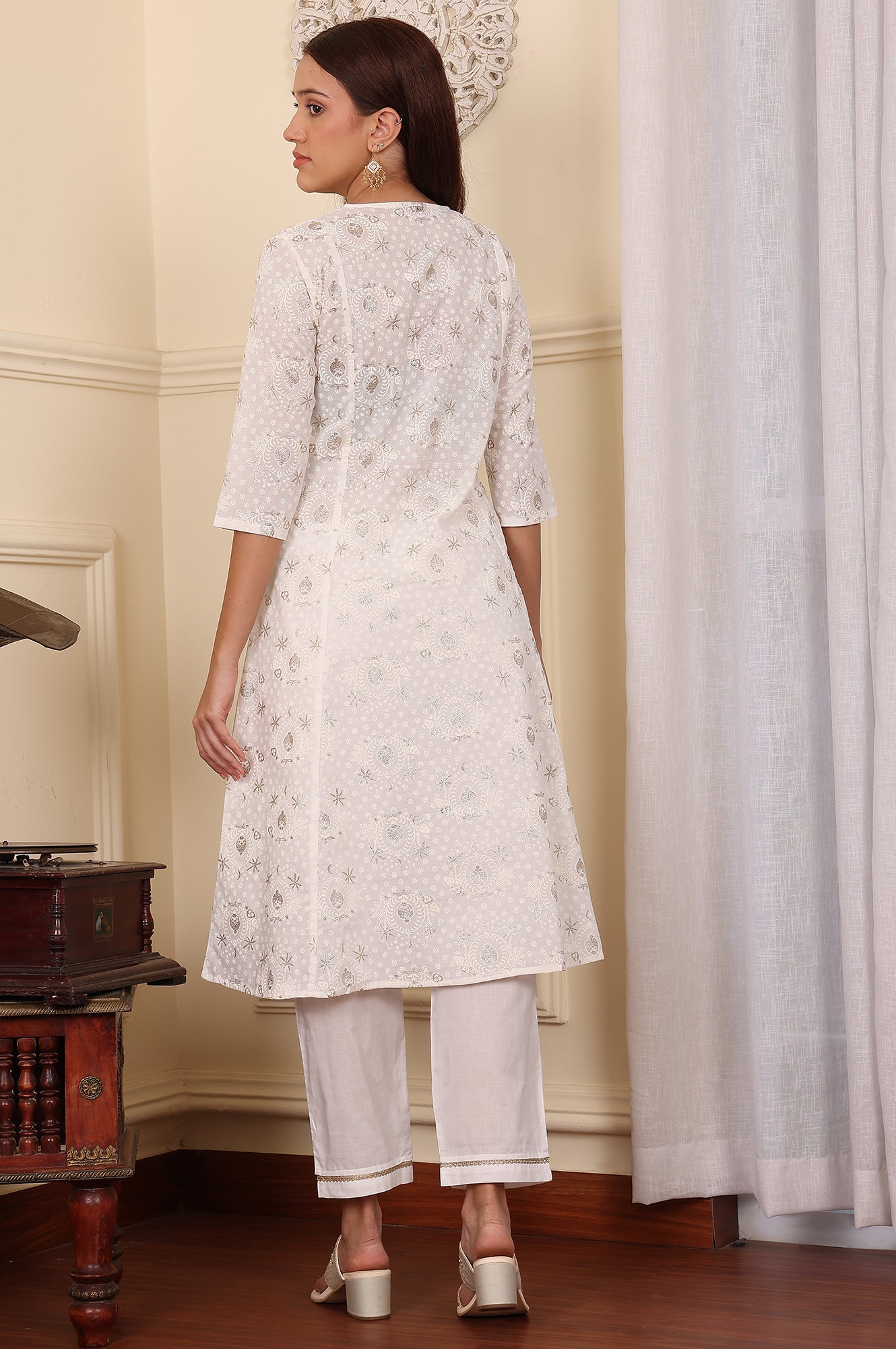 White Floral Printed Embroidered A-Line Pure Cotton Kurta And Pants Co-Ord Set - wforwoman