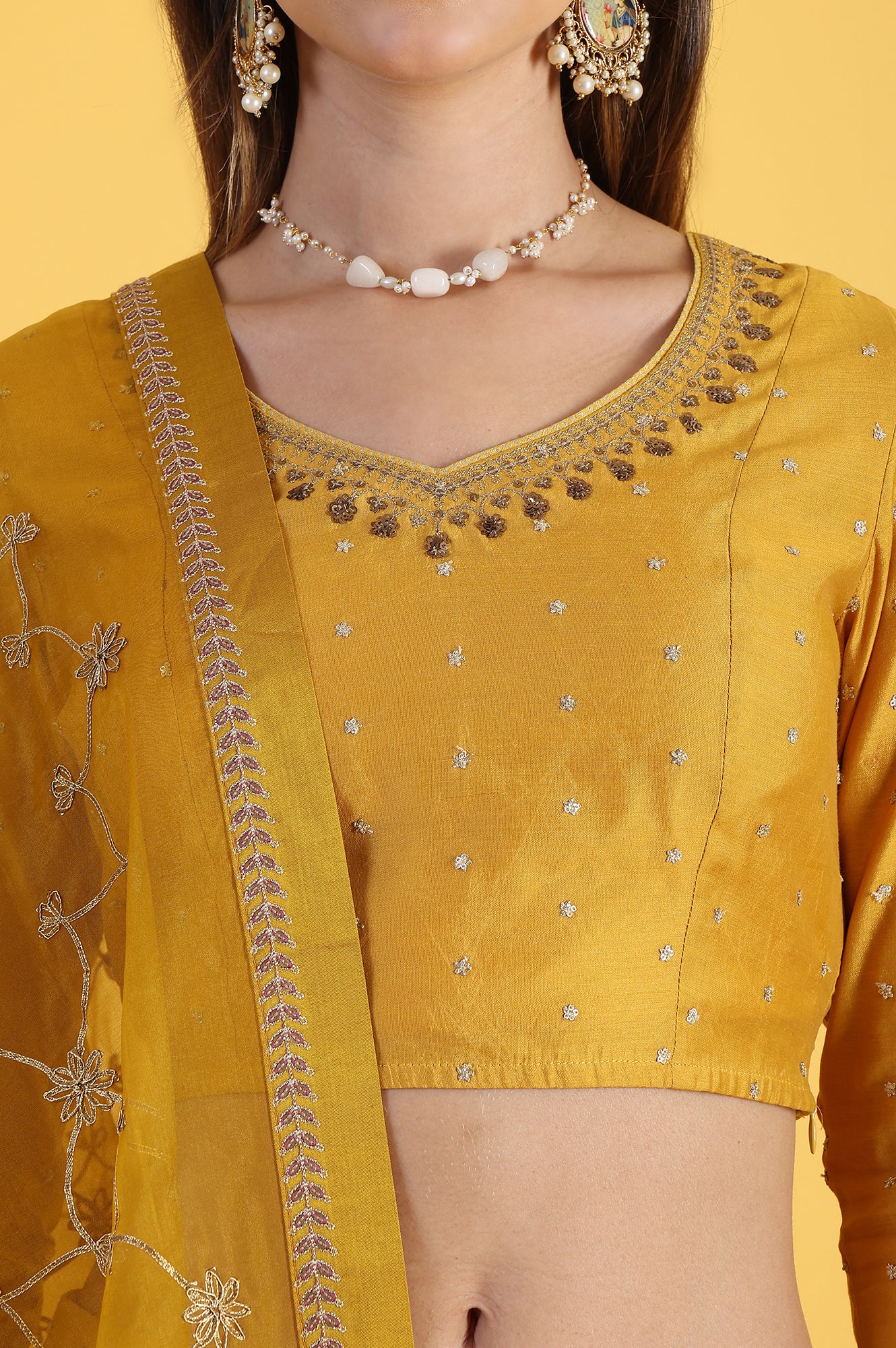 Yellow Metallic Embroidery Crop Top & Skirt with Dupatta Set