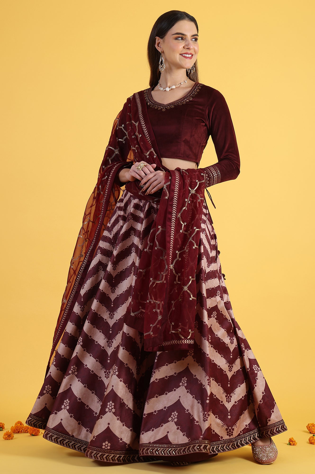 Maroon Solid Metallic Embroidery Flarred Top & Skirt with Dupatta Set