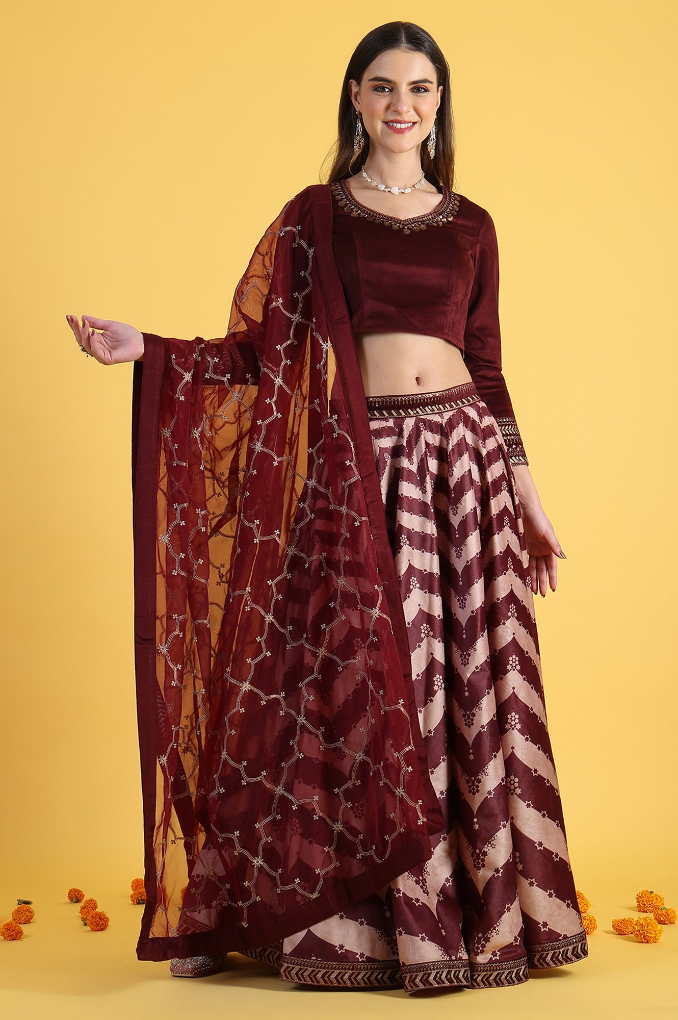 Maroon Solid Metallic Embroidery Flarred Top & Skirt with Dupatta Set