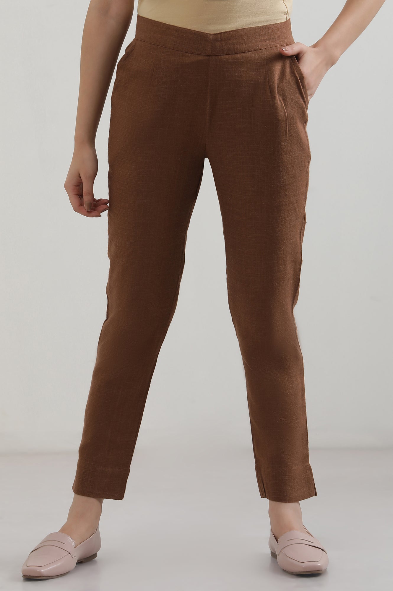 Brown Solid Cotton Blend Straight Trousers & Pants
