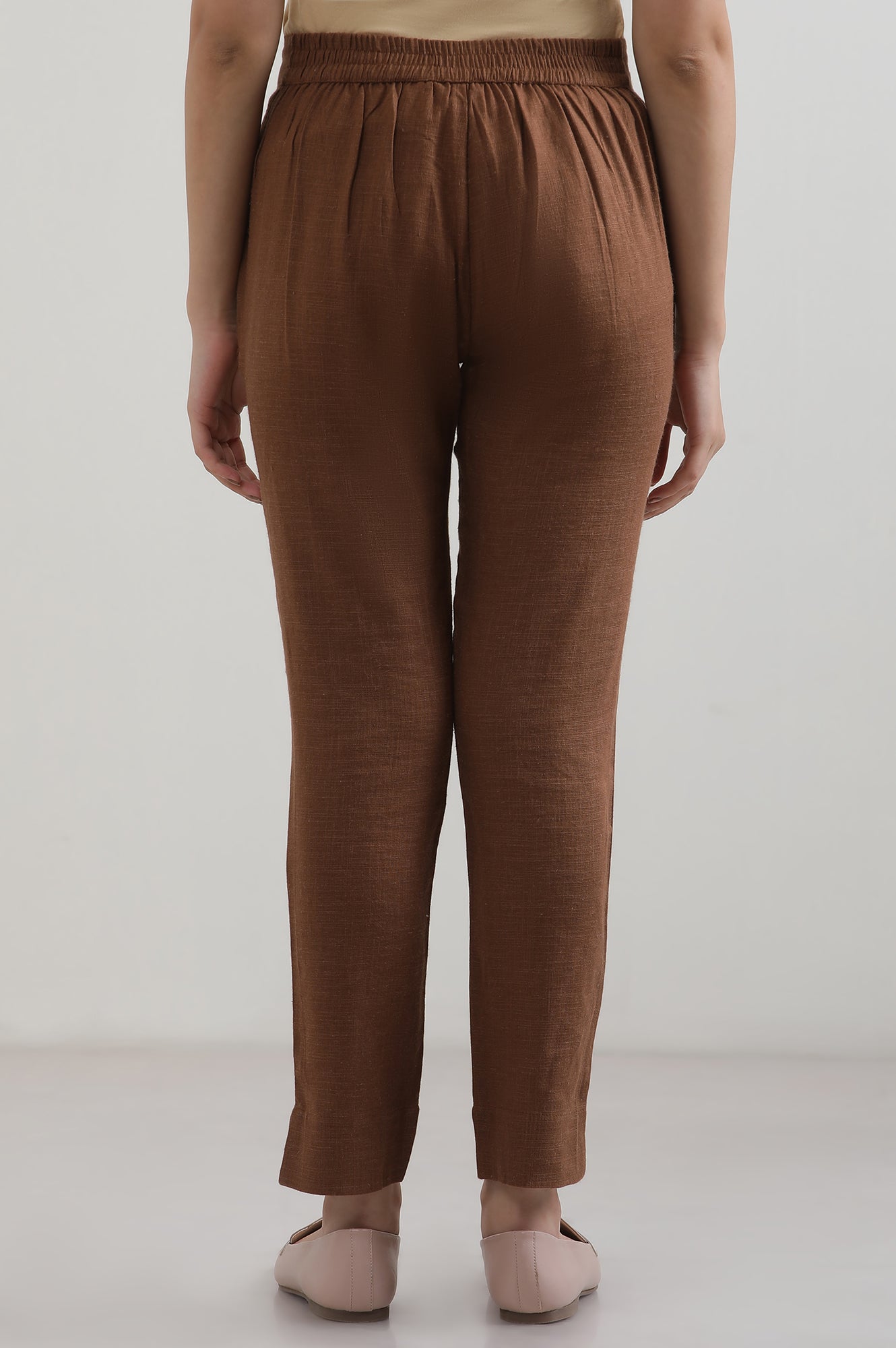 Brown Solid Cotton Blend Straight Trousers & Pants
