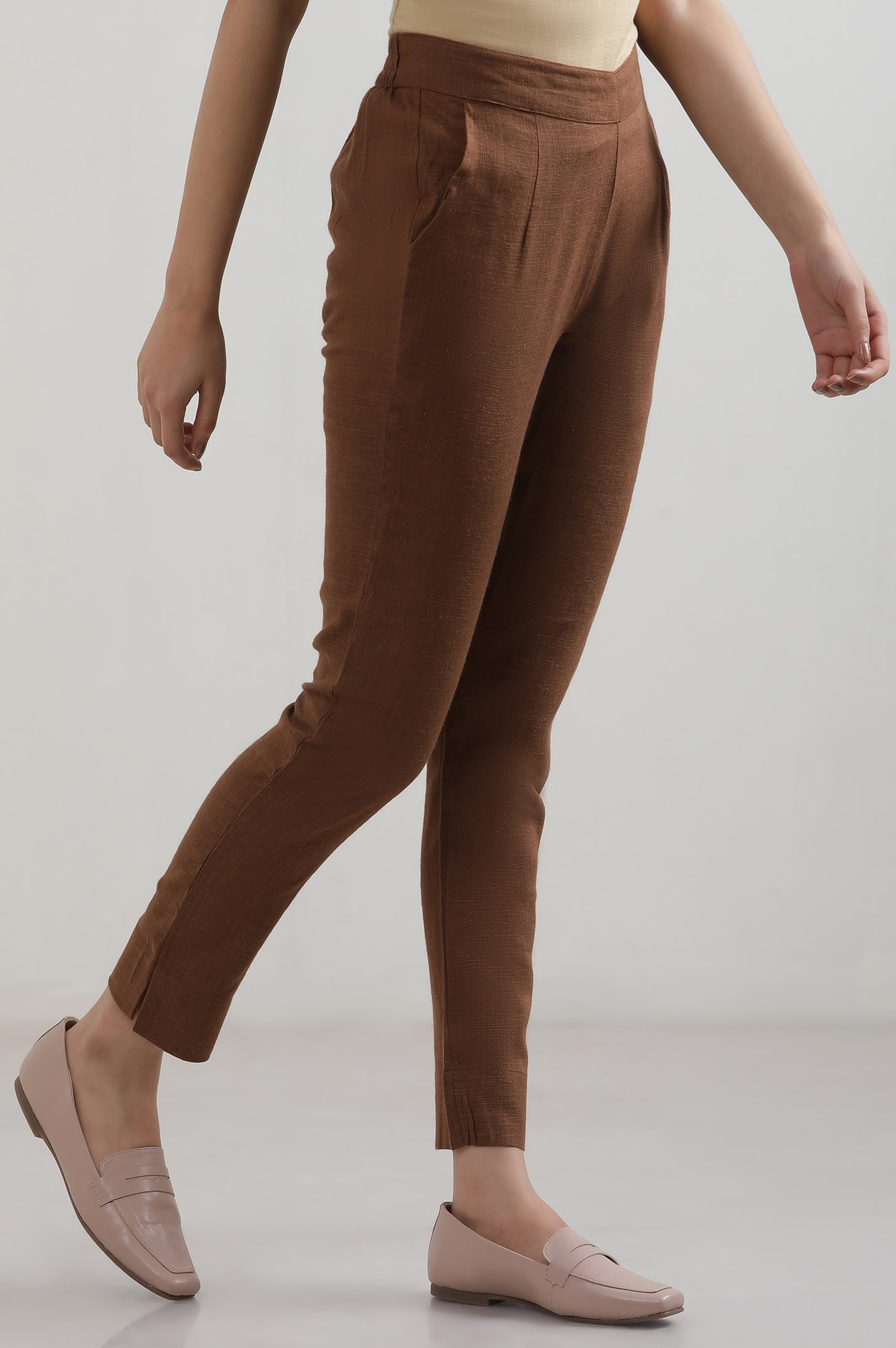 Brown Solid Cotton Blend Straight Trousers & Pants