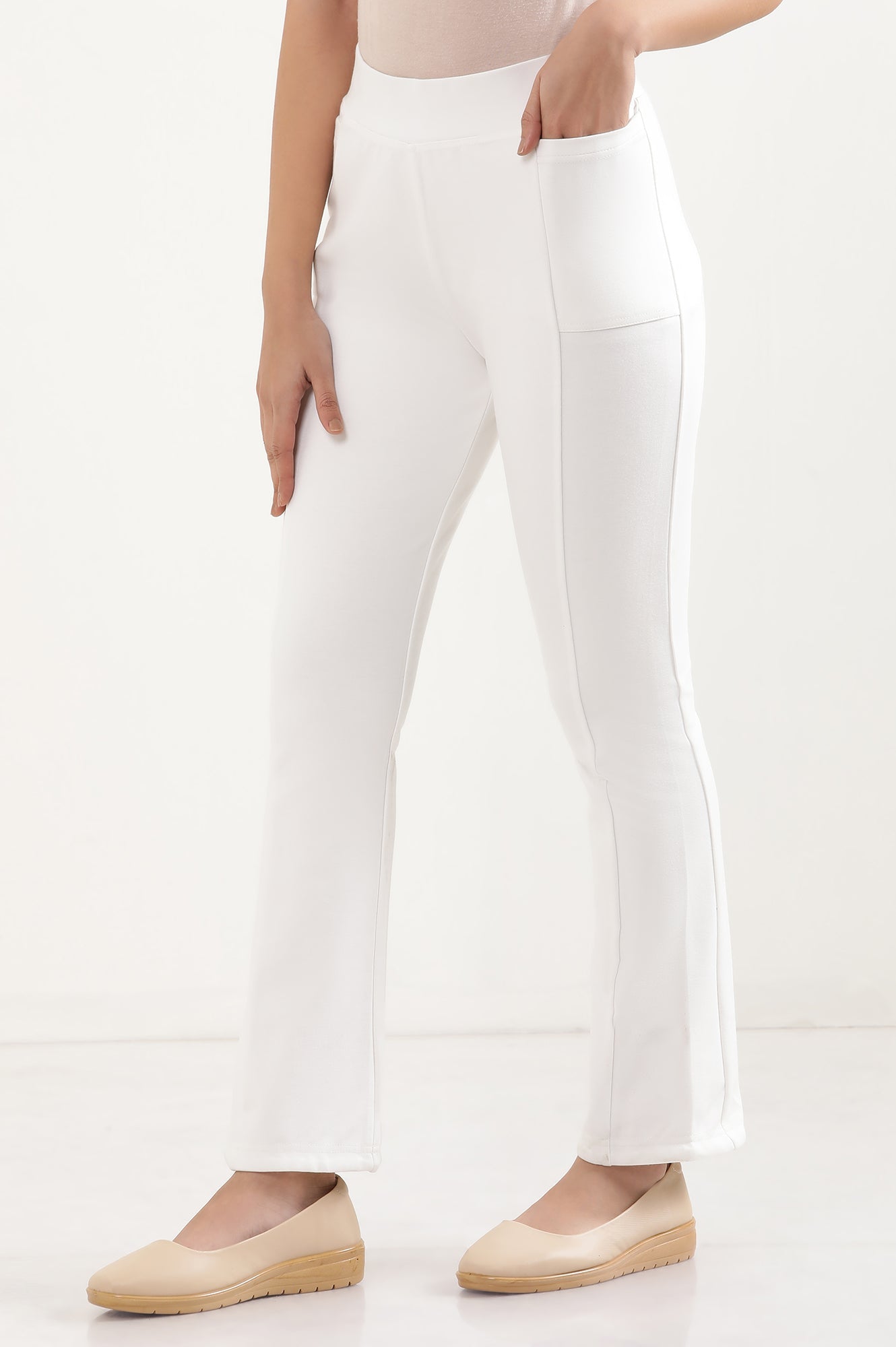 Off White Solid Boot Cut Pants With Elasticated Waist
