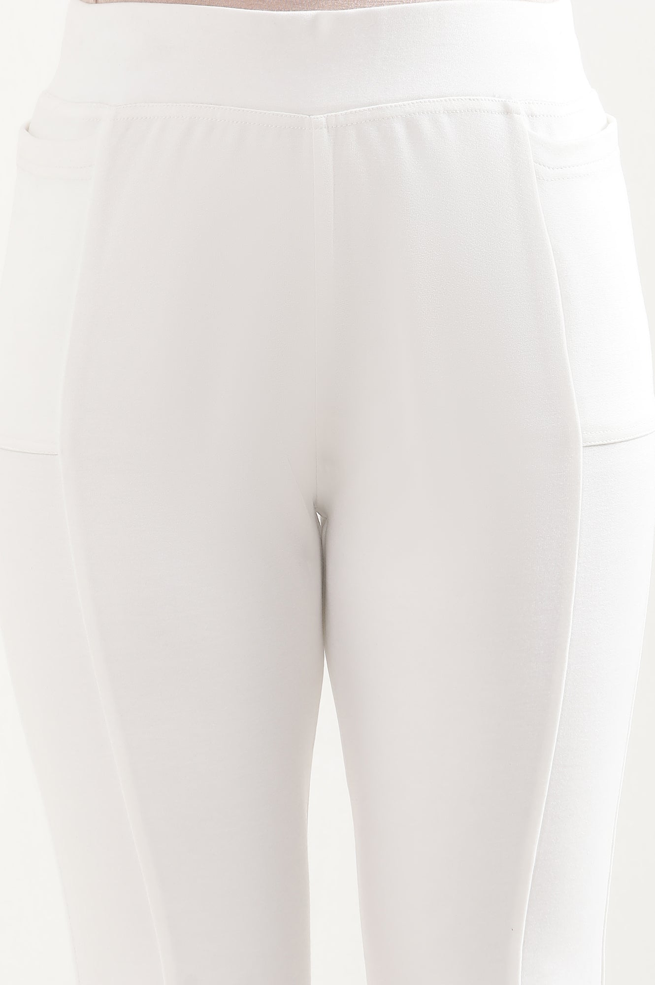 Off White Solid Boot Cut Pants With Elasticated Waist