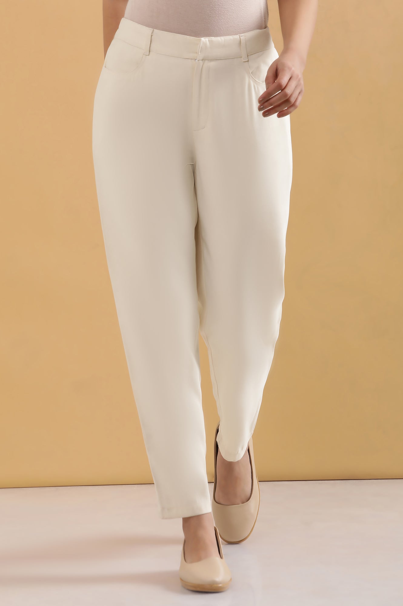 Off White Solid Straight Fit Rayon Pants With Belt Loops