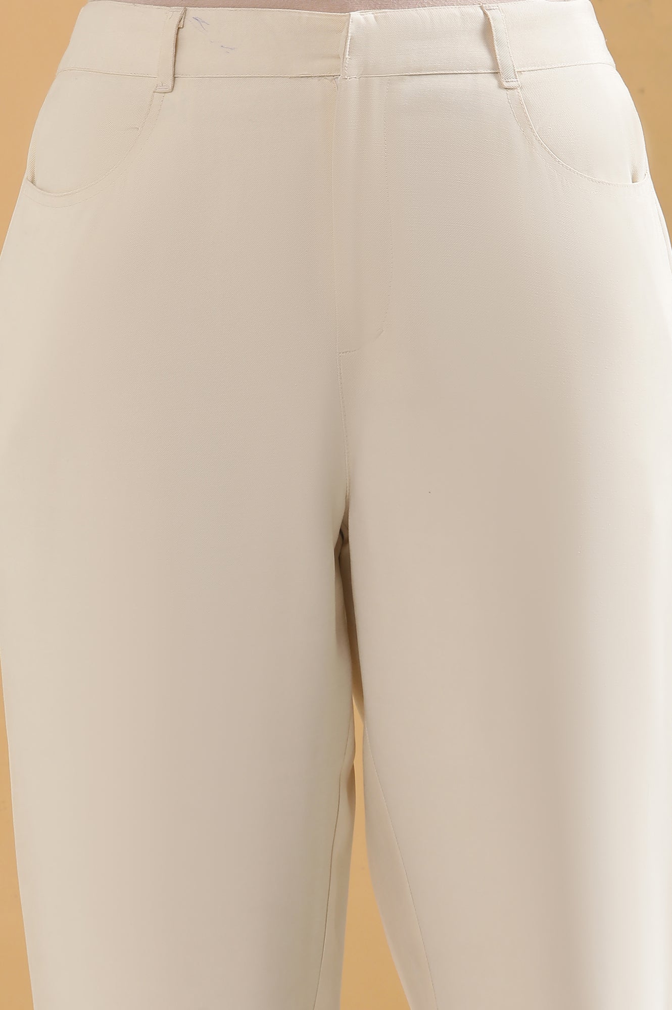 Off White Solid Straight Fit Rayon Pants With Belt Loops