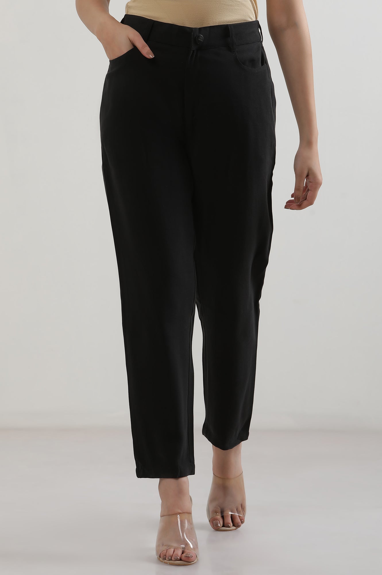 Black Solid Rayon Straight Trousers & Pants