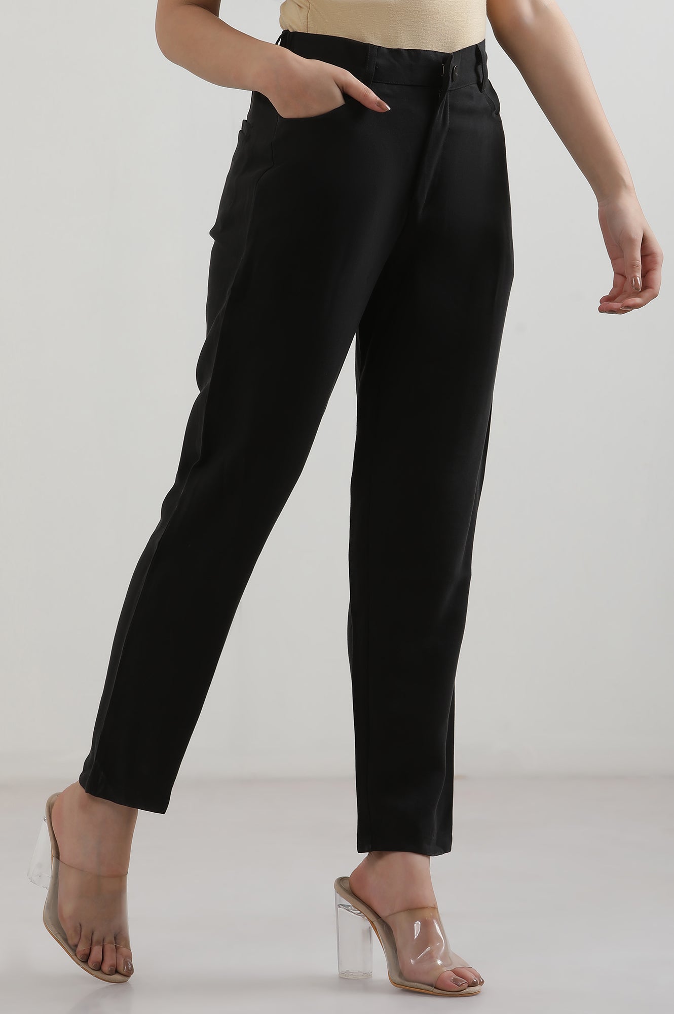 Black Solid Rayon Straight Trousers & Pants