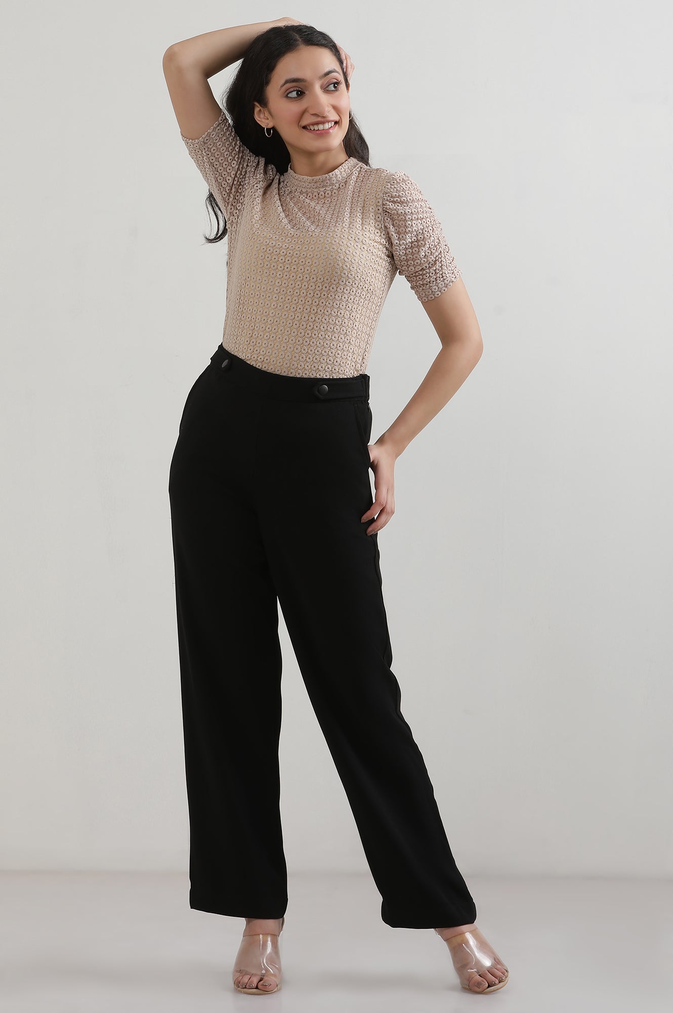Black Solid Straight Trousers & Pants