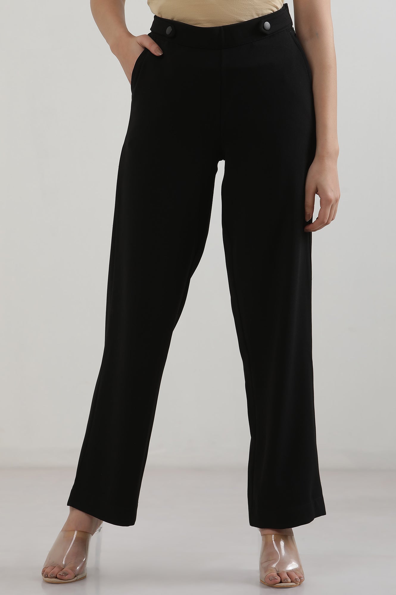 Black Solid Straight Trousers & Pants