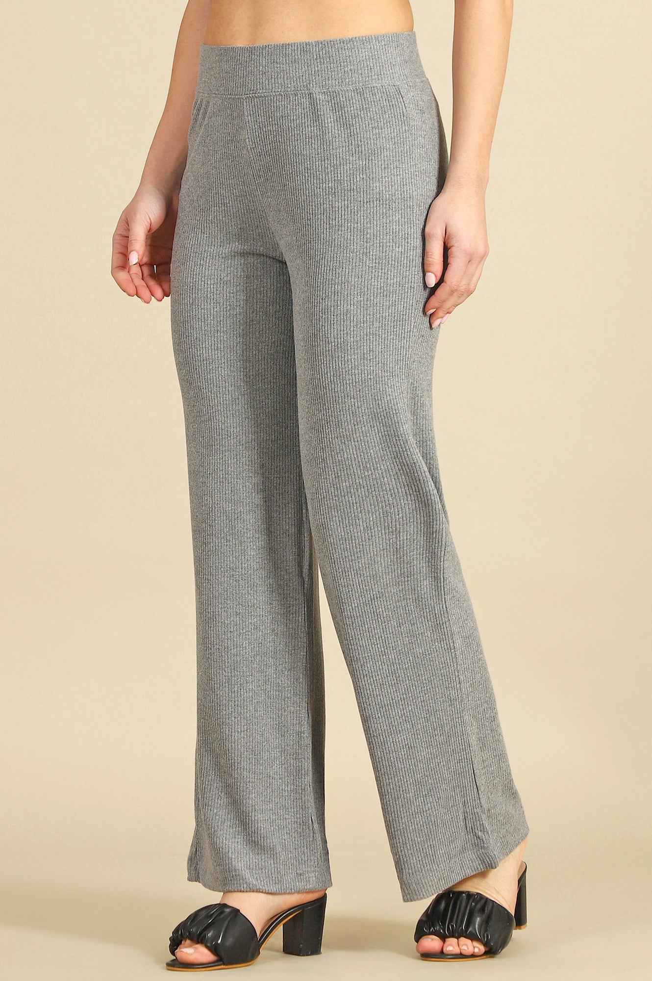 Grey Solid Rayon Straight Trousers & Pants
