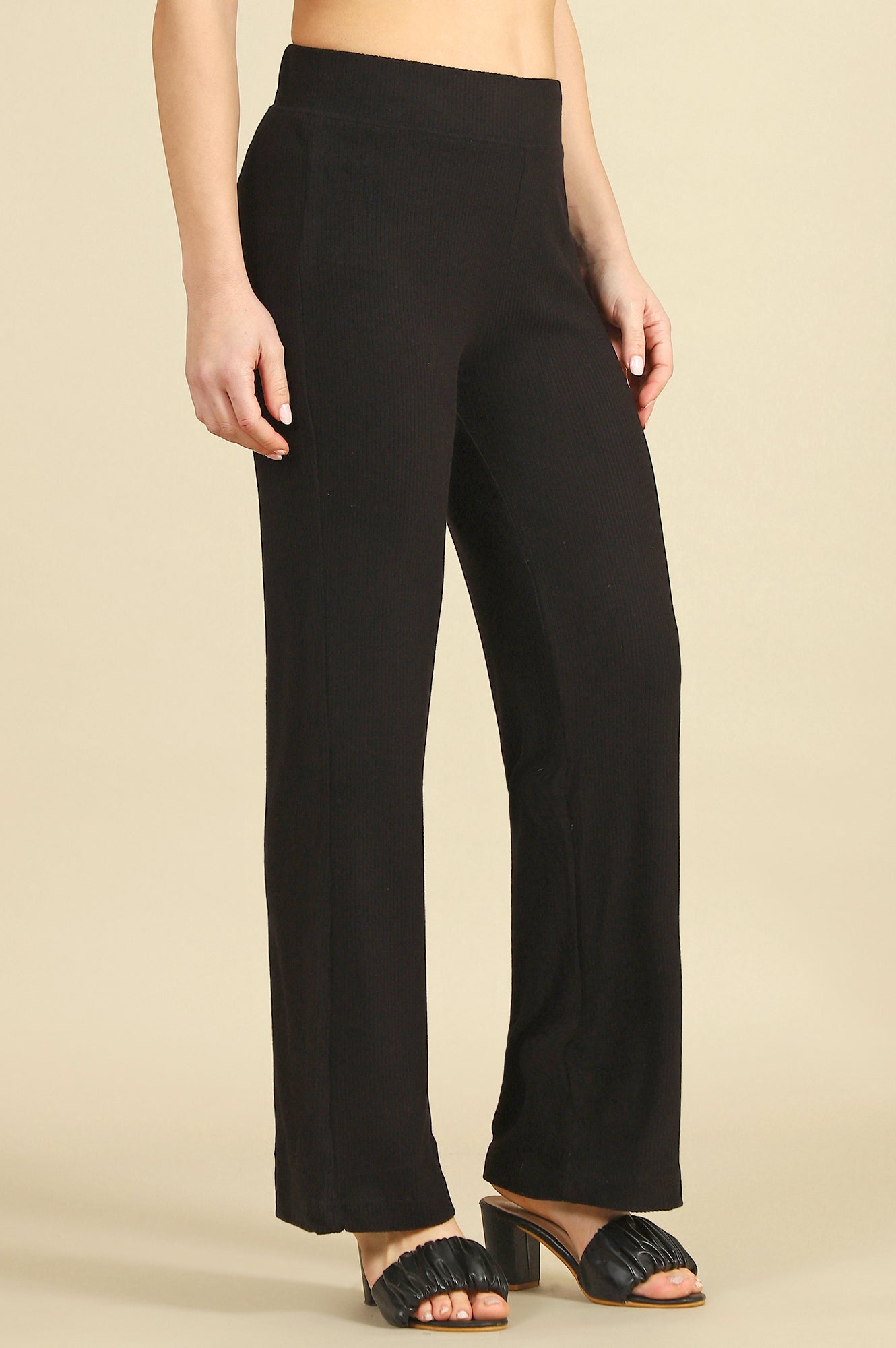 Black Solid Rayon Straight Trousers & Pants