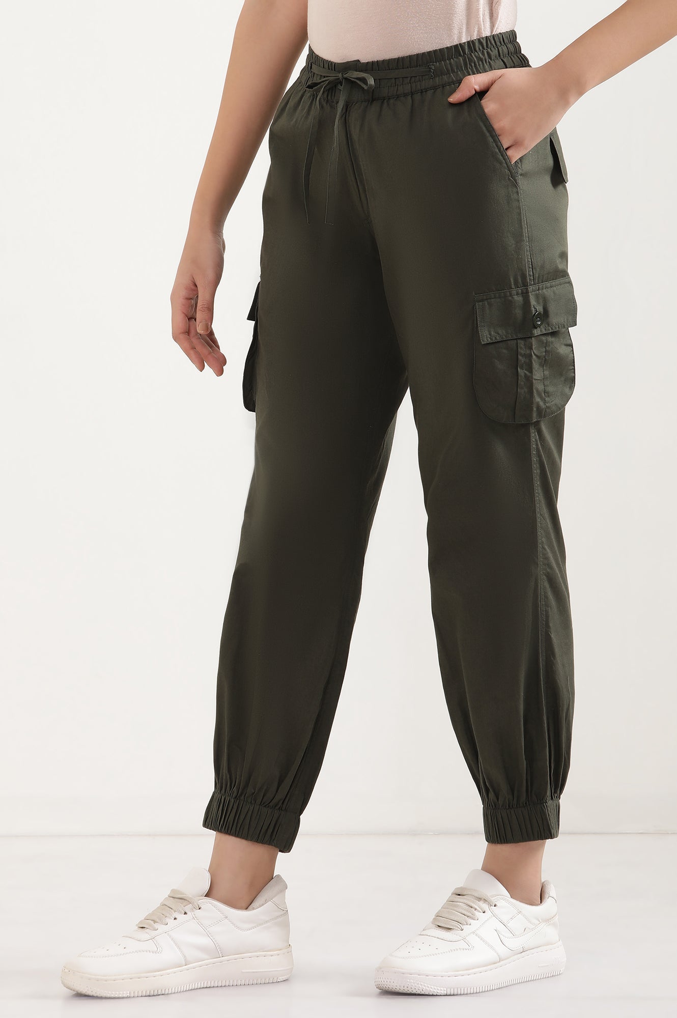 Olive Green Solid Tapered Cotton Pants with Elasticated Waist