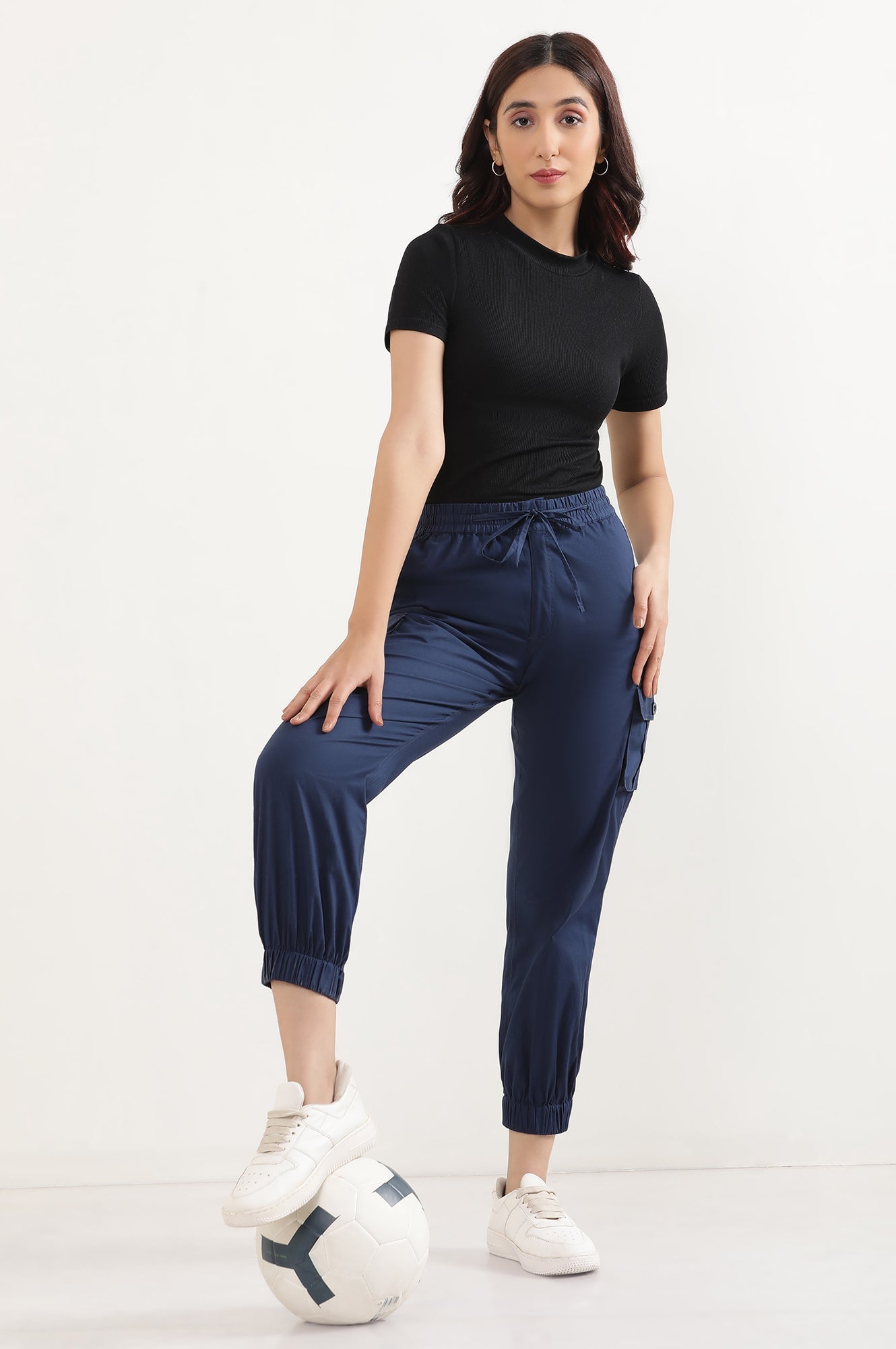 Navy Blue Solid Tapered Cotton Pants with Drawstring