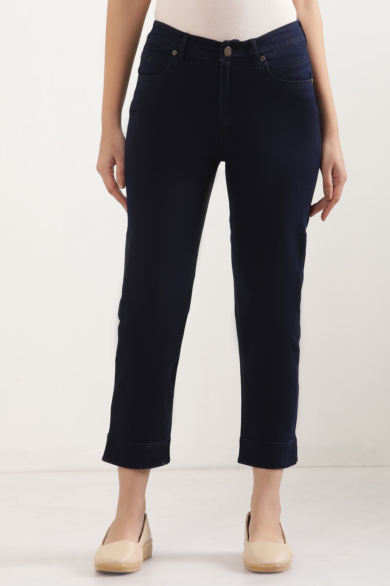 Navy Blue Solid Straight-fit Denim Pants with Side Slit