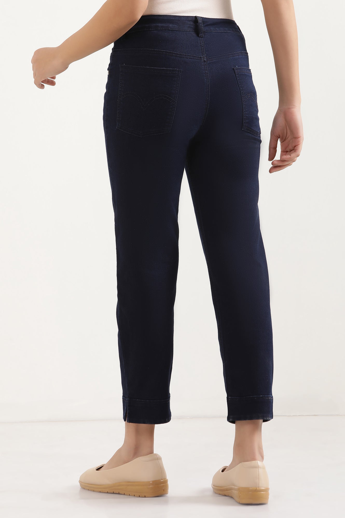 Navy Blue Solid Straight-fit Denim Pants with Side Slit