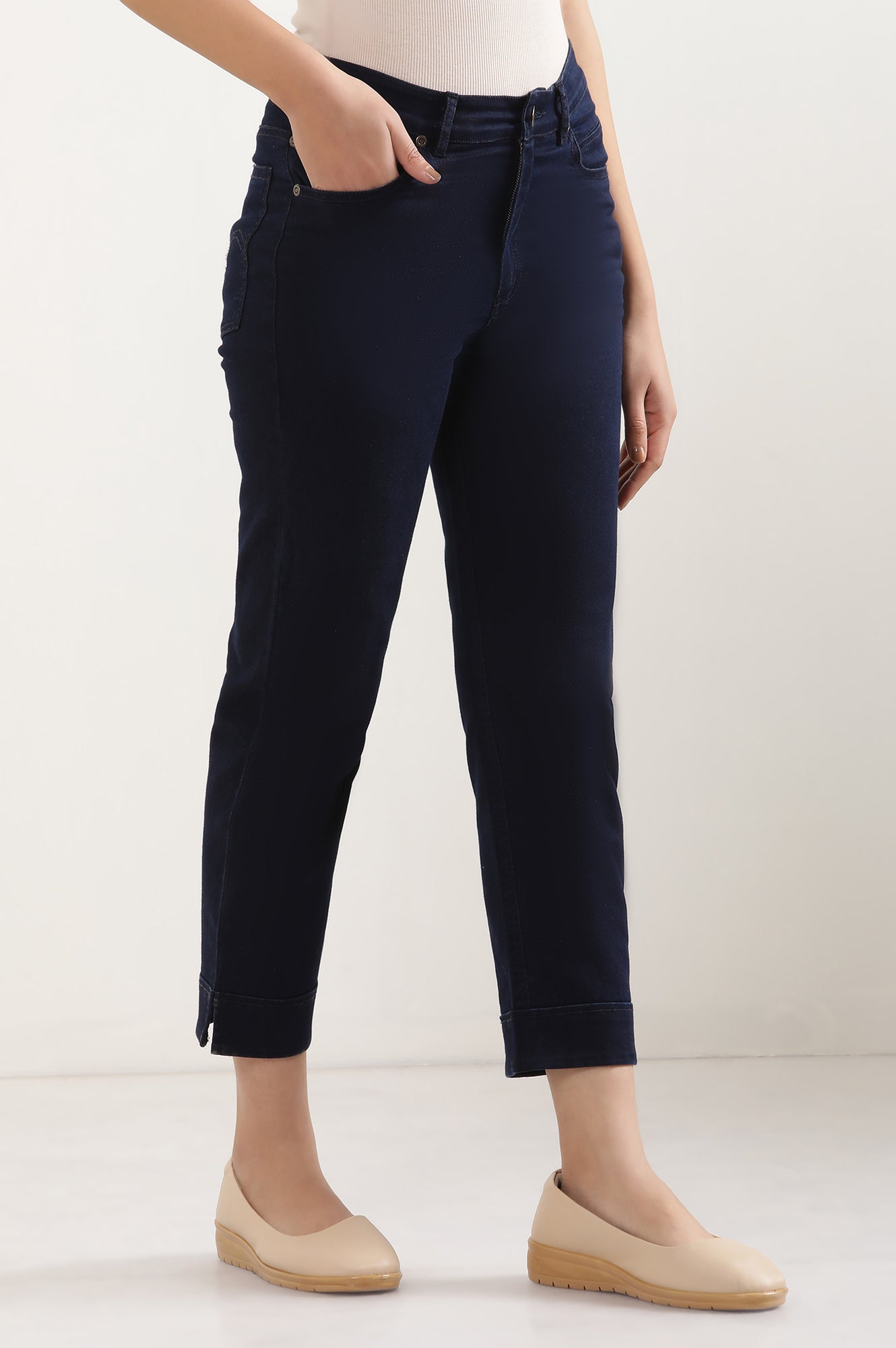 Navy Blue Solid Straight-fit Denim Pants with Side Slit