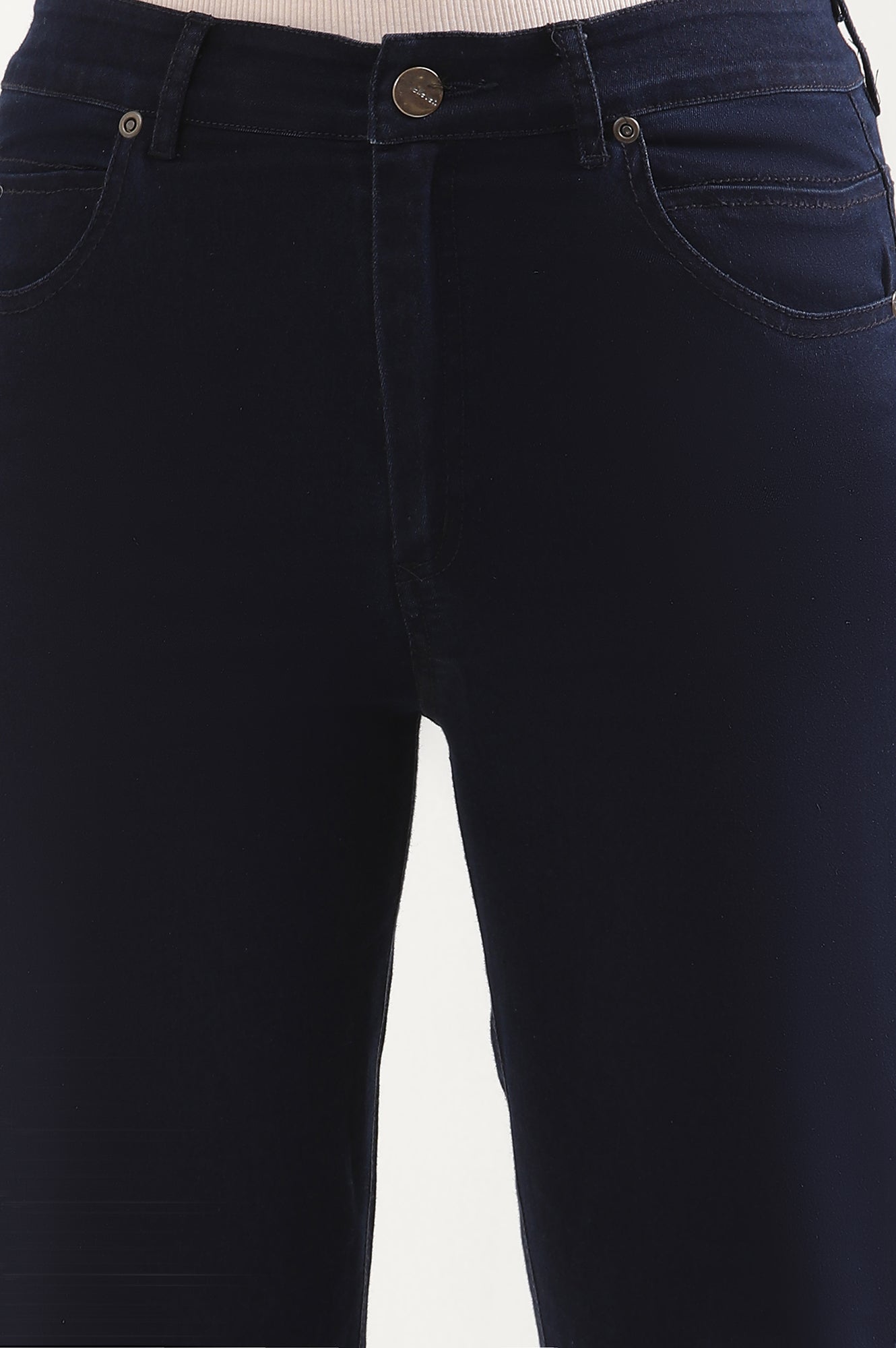 Navy Blue Solid Straight-fit Denim Pants with Side Slit