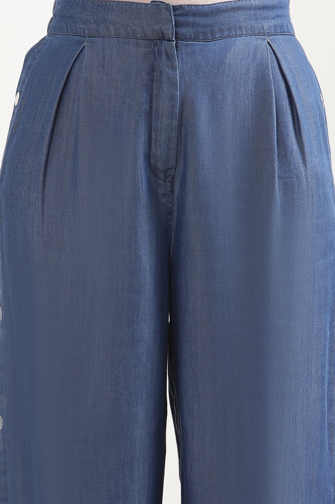 Blue Solid Wide Leg Denim Palazzo With Side Buttons