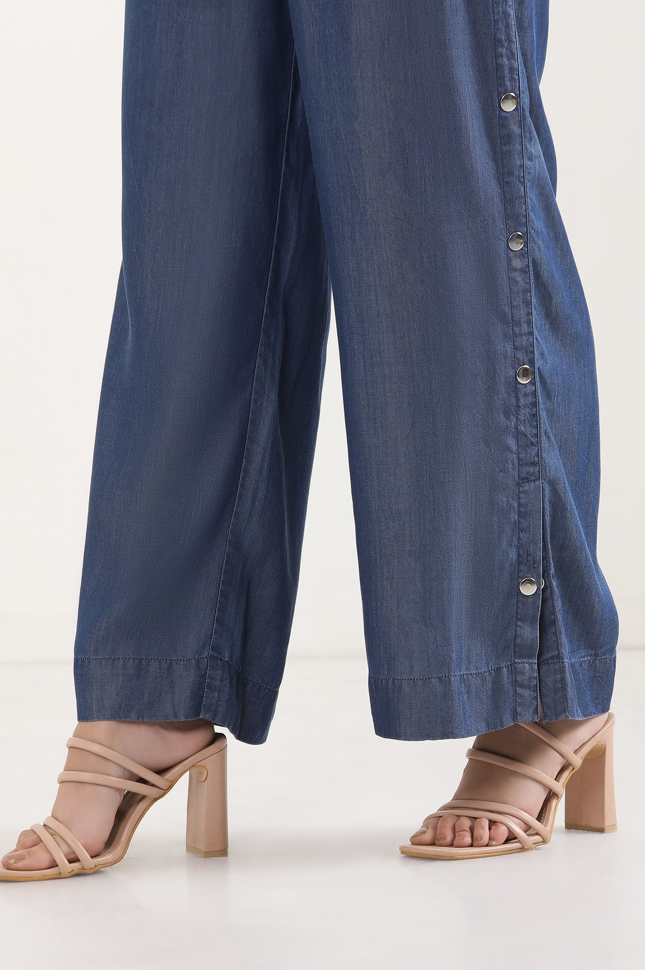 Blue Solid Wide Leg Denim Palazzo With Side Buttons