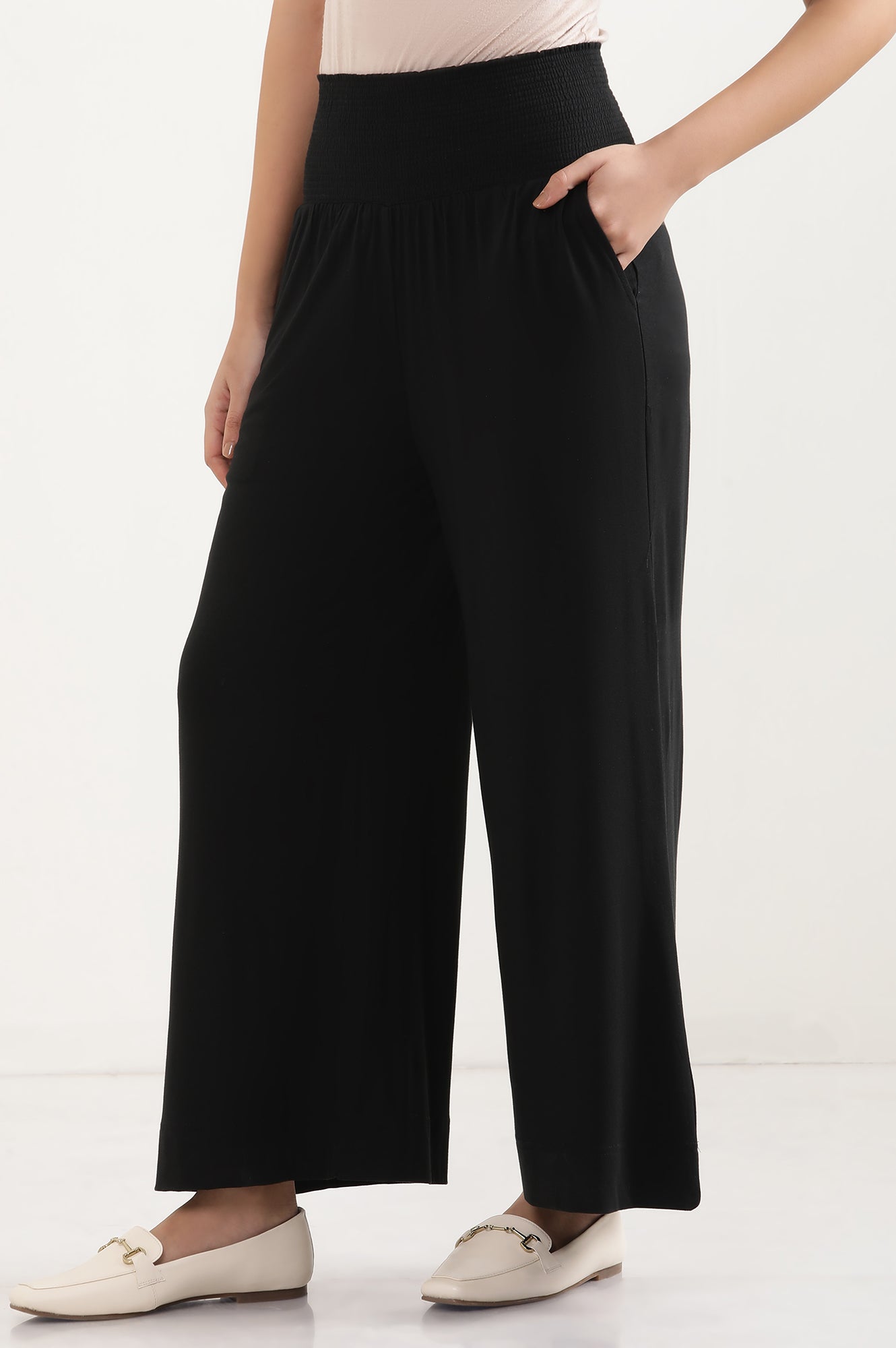 Black Solid Flared Pants With Smocked Waistbelt