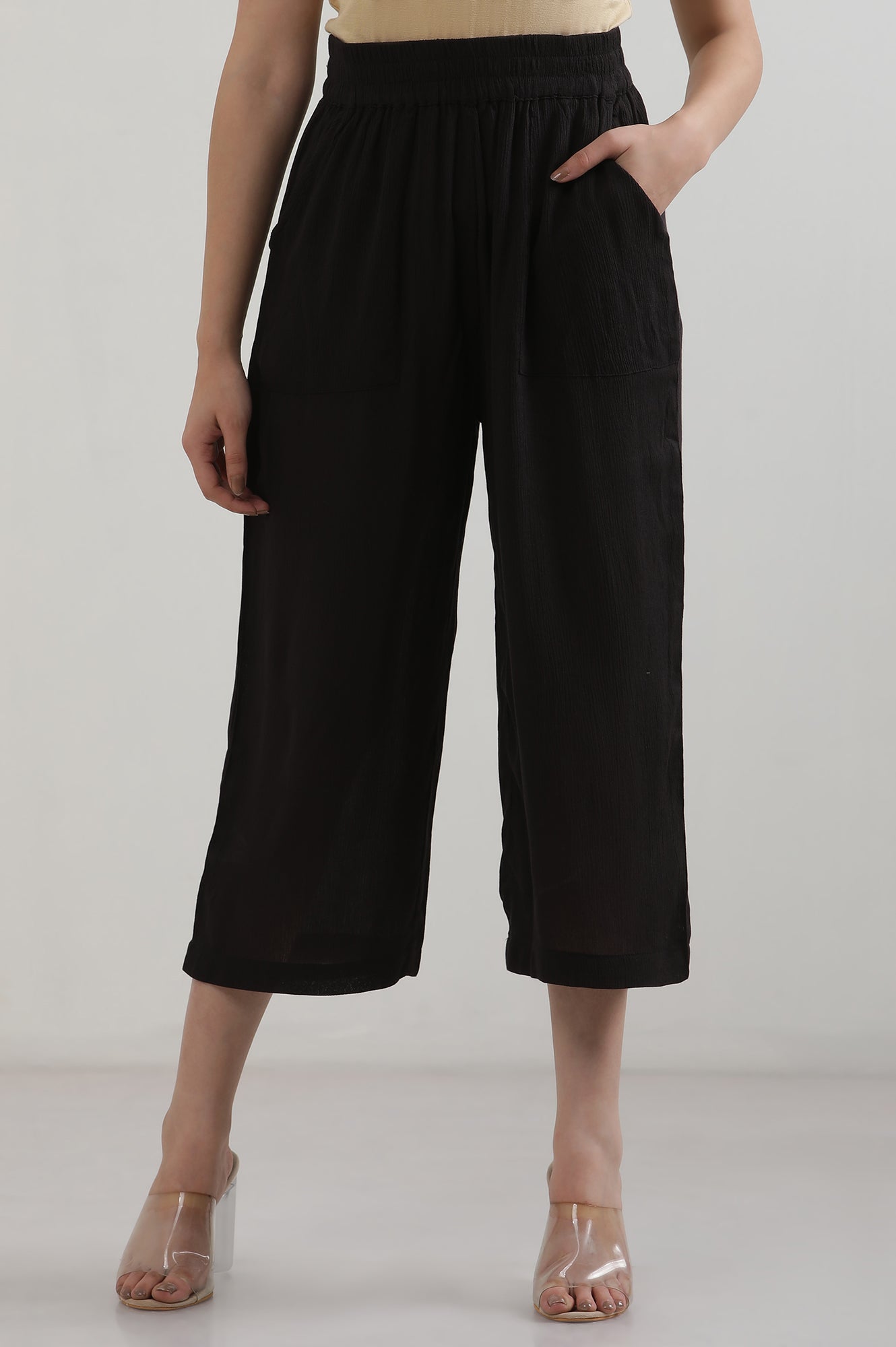Black Solid Rayon Flarred Palazzos & Culottes