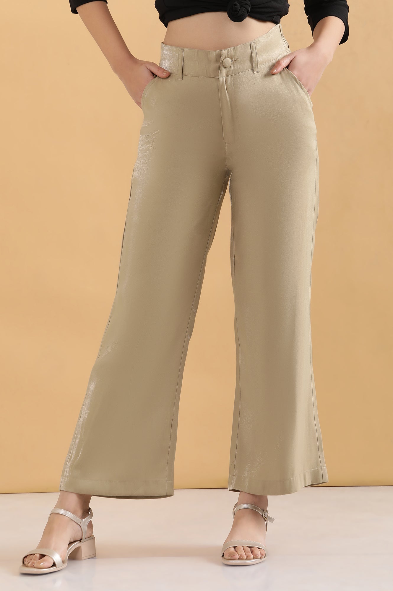 Gold Solid Straight Fit Woven Pants With Elasticated Back