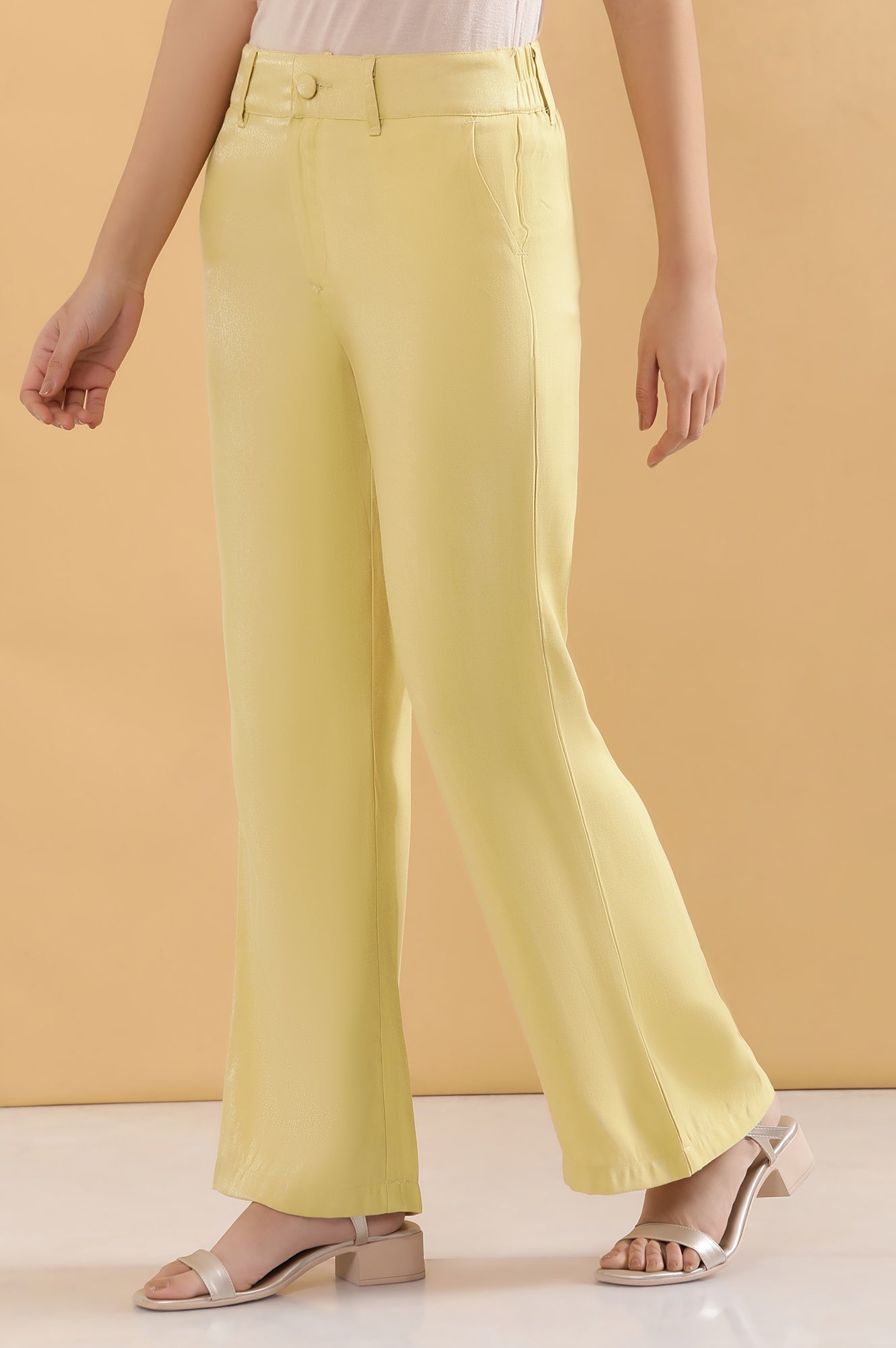 Yellow Solid Straight Fit Woven Pants With Elasticated Back