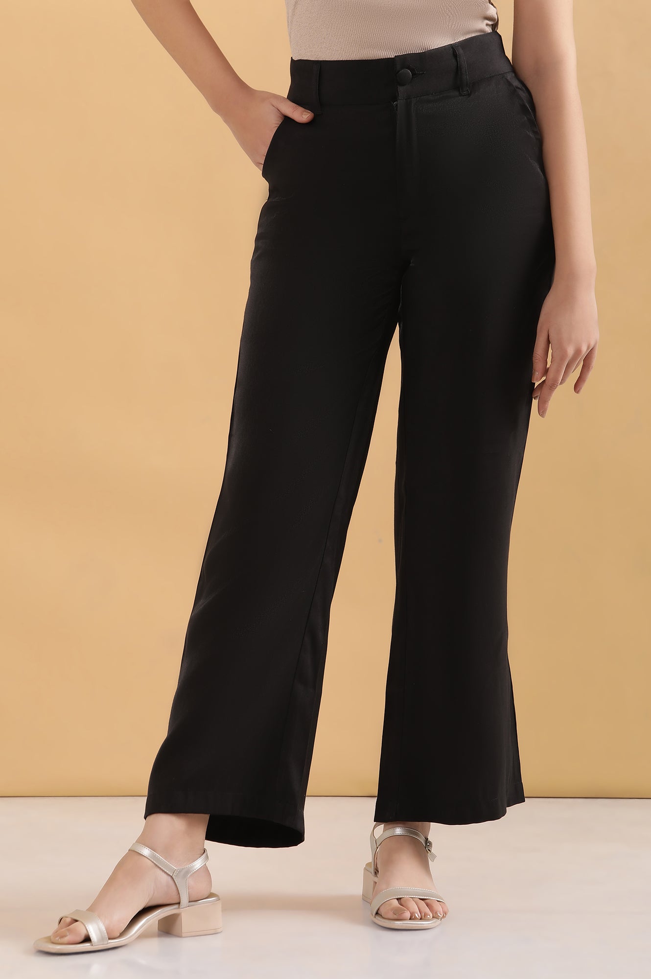 Black Solid Straight Fit Rayon Pants With Button And Zip Closure