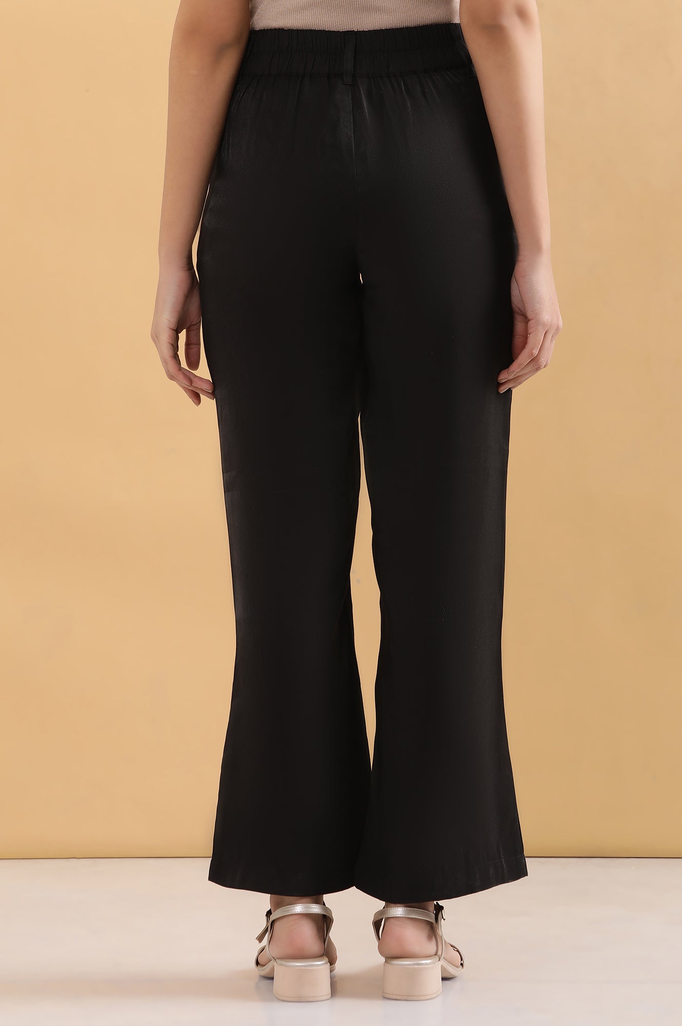 Black Solid Straight Fit Rayon Pants With Button And Zip Closure