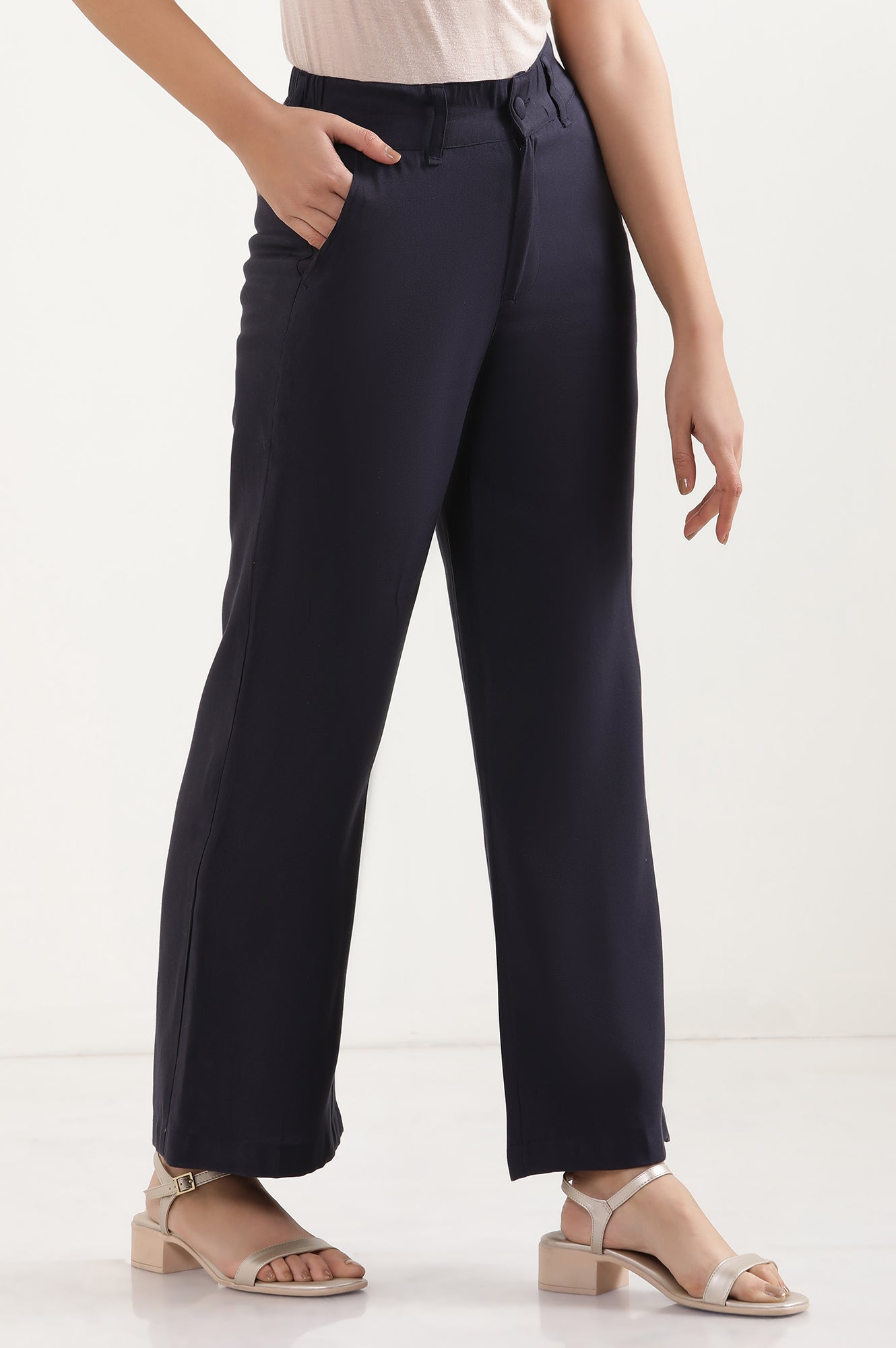 Navy Blue Solid Straight-fit Woven Pants with Elasticated Back