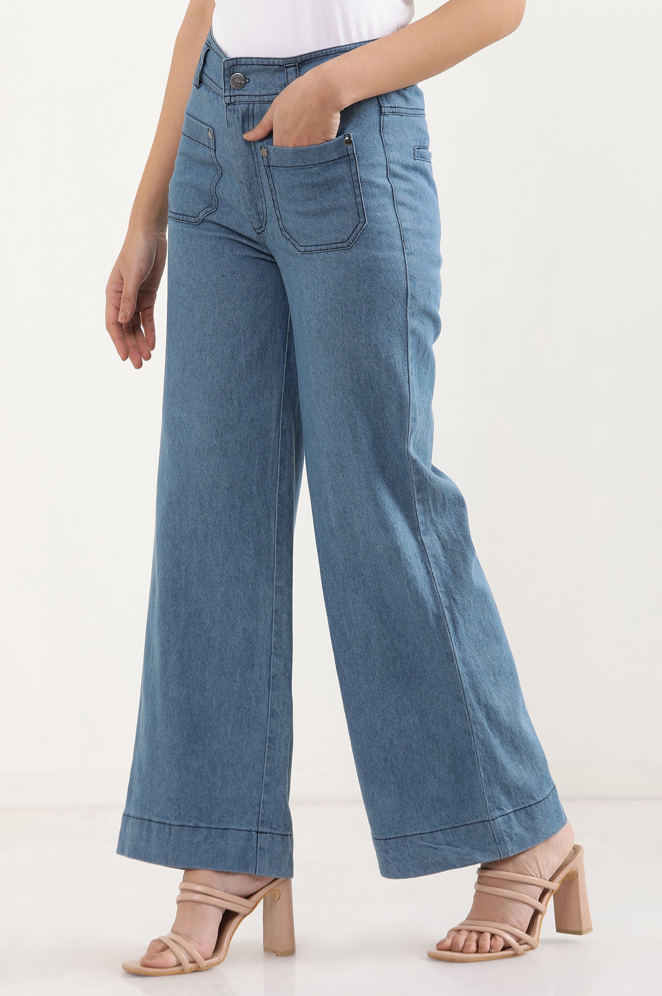 Light Blue Solid Flared Denim Pants With Button Detail