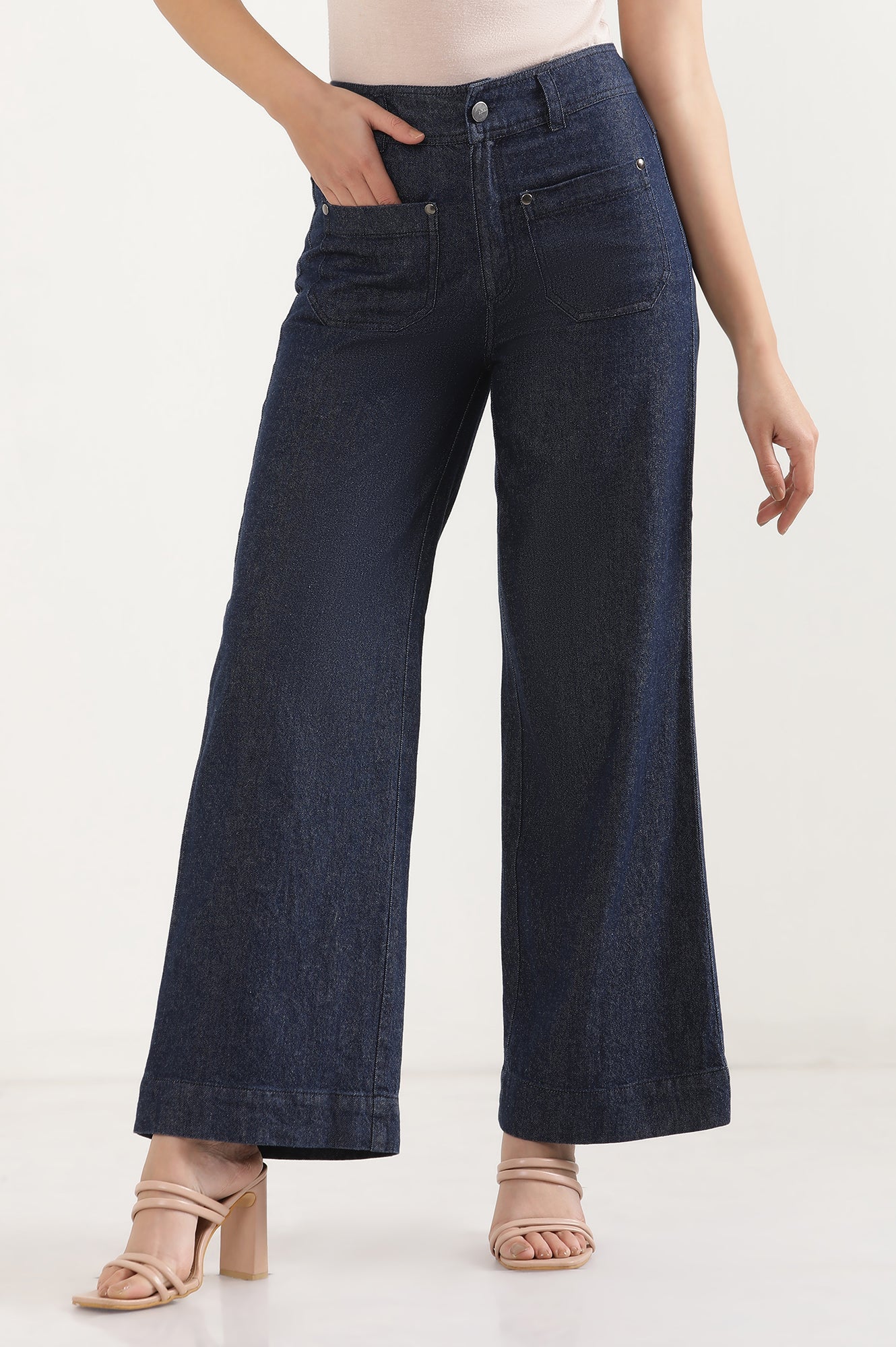 Navy Blue Solid Flared Denim Pants with Button Detail