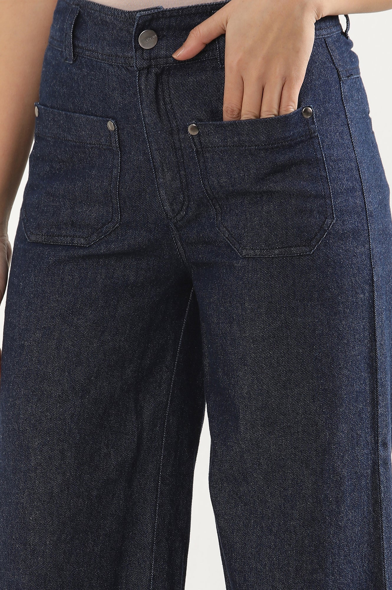 Navy Blue Solid Flared Denim Pants with Button Detail