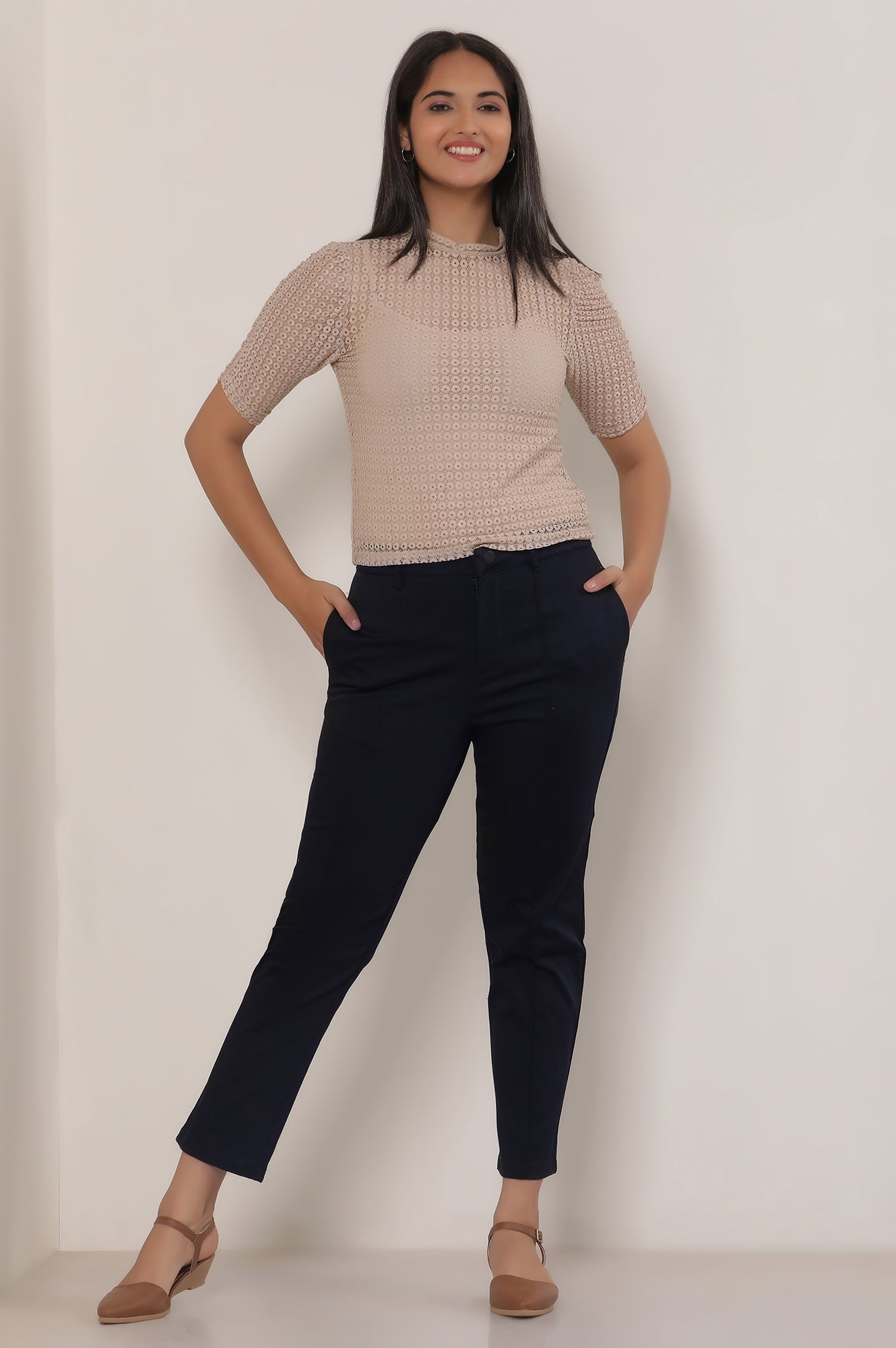 Black Solid Cotton Blend Straight Trousers & Pants