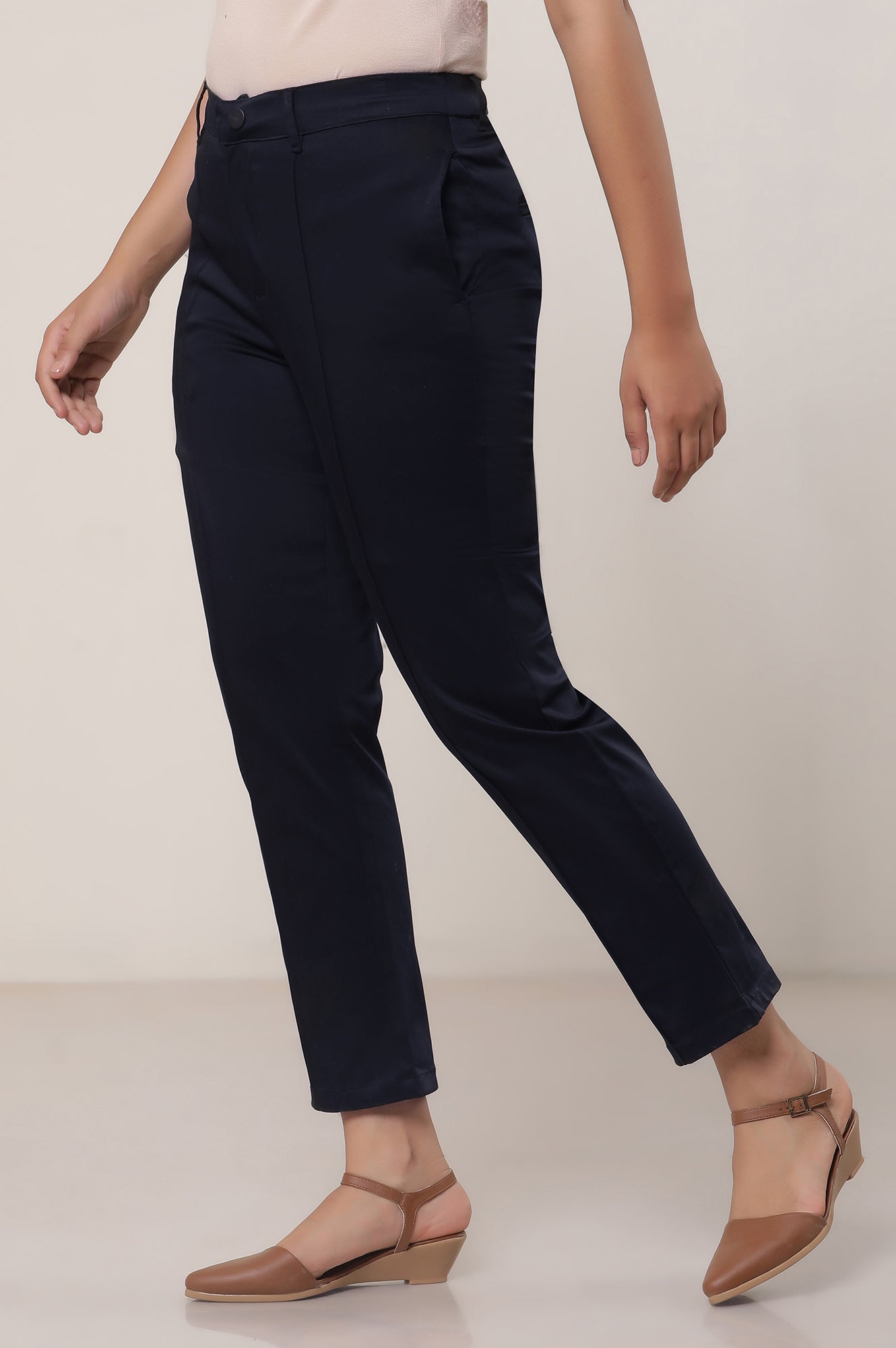 Black Solid Cotton Blend Straight Trousers & Pants