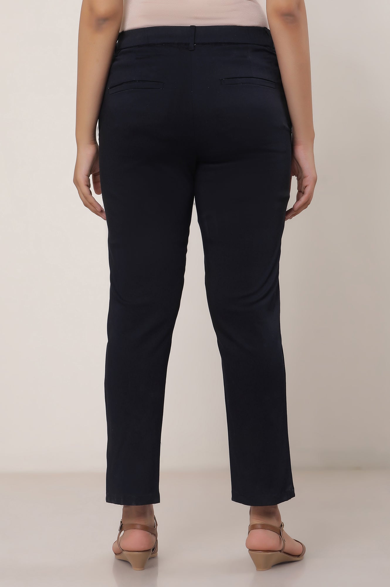 Black Solid Cotton Blend Straight Trousers & Pants